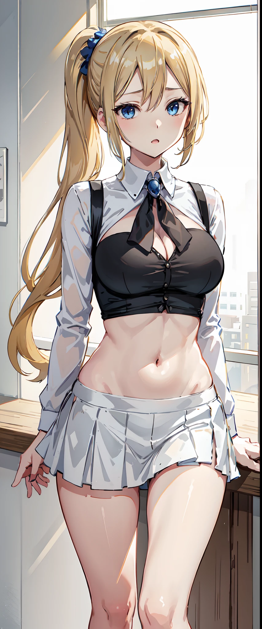 Hayasaka ai, high resolution, soft light, blue eyes, blonde hair, long hair, side ponytail, slim legs, navel, side tie bikini, under boob, short skirt, cleavage, slim waist, narrow waist, happy