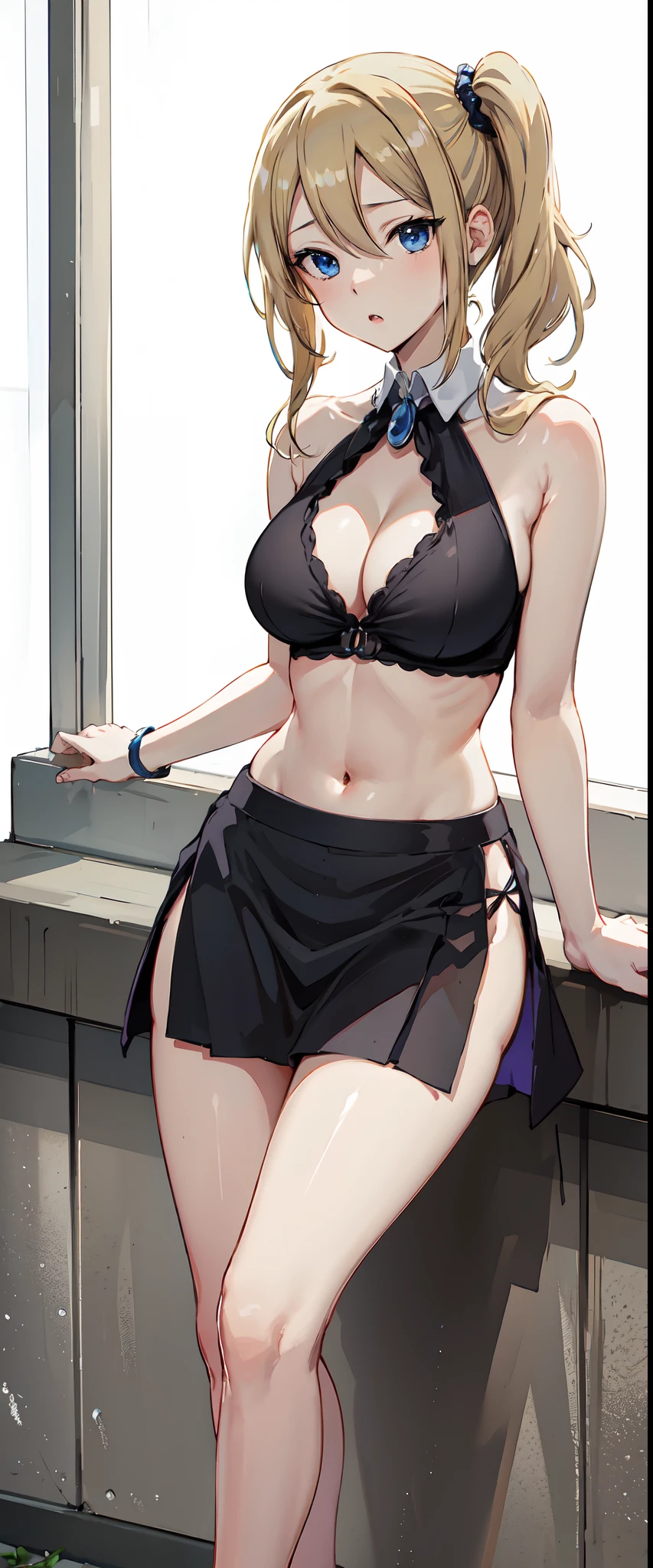 Hayasaka ai, high resolution, soft light, blue eyes, blonde hair, long hair, side ponytail, slim legs, navel, side tie bikini, under boob, short skirt, cleavage, slim waist, narrow waist, happy