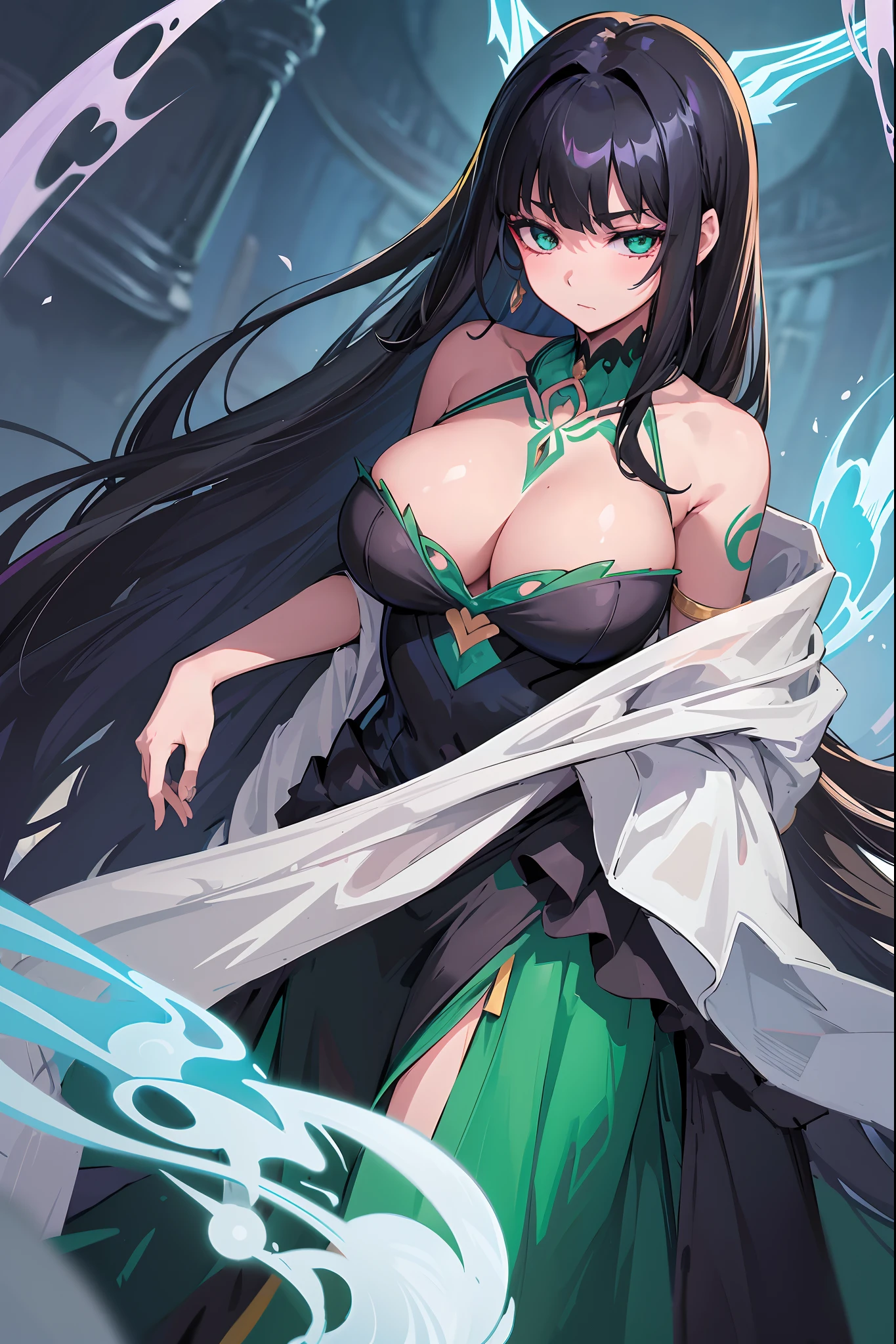 1 unmarried girl, From the anime "fairytale", The eyes are green, Her long black hair cascades over her shoulders. Her face is a mesmerizing labyrinth of beauty. Her figure is to be envied, with large chest and back, which is usually open because of the green dress with an open back. shoulder tattoo "fairytale"