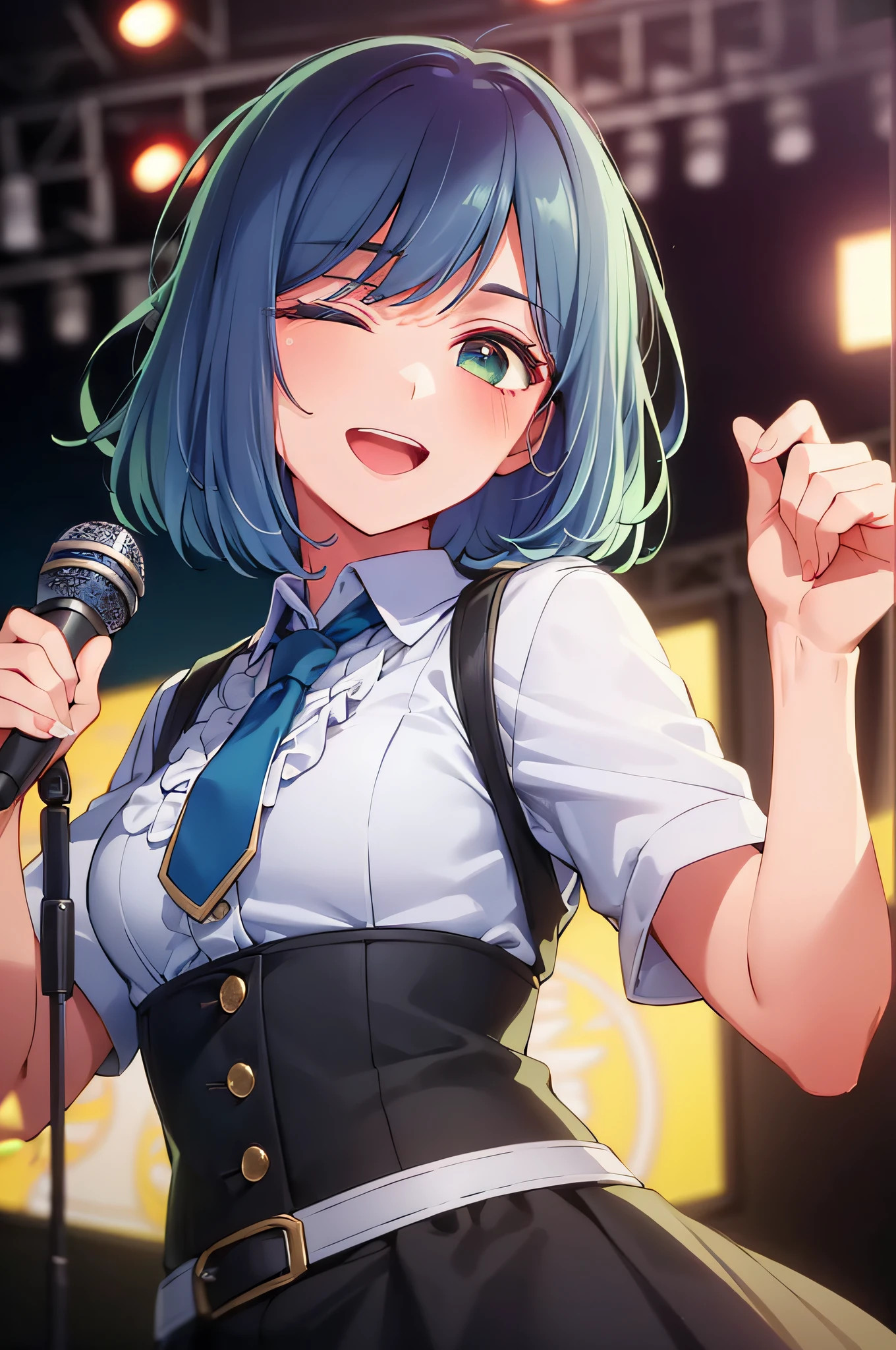 masterpiece, best quality, ultra-high resolution, super detailed, high contrast, Beautiful lighting, depth of fields, blue hair, green eyes, (bob hair:1.5), smile, open mouth, (close one eye:1.2), standing, (idol:1.1), skirt, (have a microphone:1.3), (front view:1.5), bust-up shot, (stage:1.2), Colourful lights
