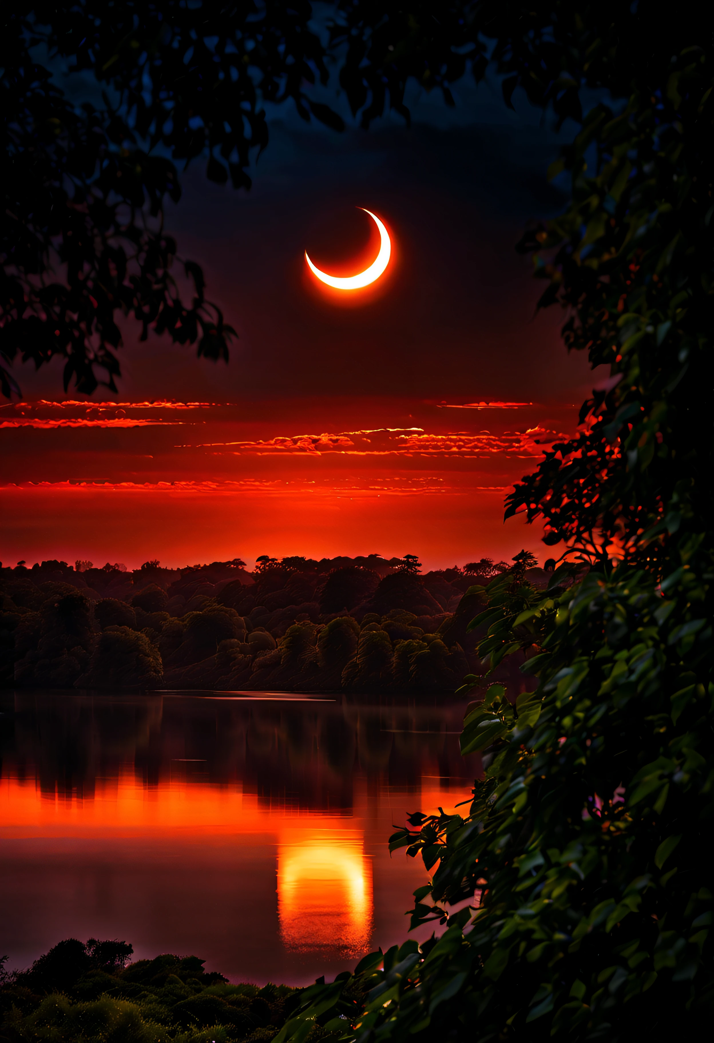 It transports us to a magical moment between day and night, Where the sunlight turns into a celestial spectacle. The horizon is tinged with warm shades of orange, vermelho e dourado, Evoking twilight at sunset. in sky, The imposing presence of the Ring Solar Eclipse dominates the scene, with its light and shadow creating a mesmerizing dance of colors. The transition between day and night is portrayed through soft, fluid brushstrokes, enquanto os tons vibrantes e gradientes representam a luz do eclipse. Subtle, luminescent details capture the mystical aura of this special moment, convidando o espectador a se perder na magia do momento. "Twilight Ring Eclipse" It is a work that celebrates the beauty and wonder of nature, uniting the cosmic and the terrestrial in a dazzling vision.