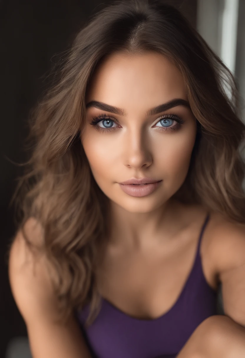 Arafed woman with matching tank top and panties, fille sexy aux yeux bleus, Portrait Sophie Mudd, cheveux bruns et grands yeux, selfie of a young woman, Yeux de chambre, Violet Myers, sans maquillage, maquillage naturel, looking straight at camera, Visage avec Artgram, Maquillage subtil, Superbe photo du corps entier, clivage, au centre commercial