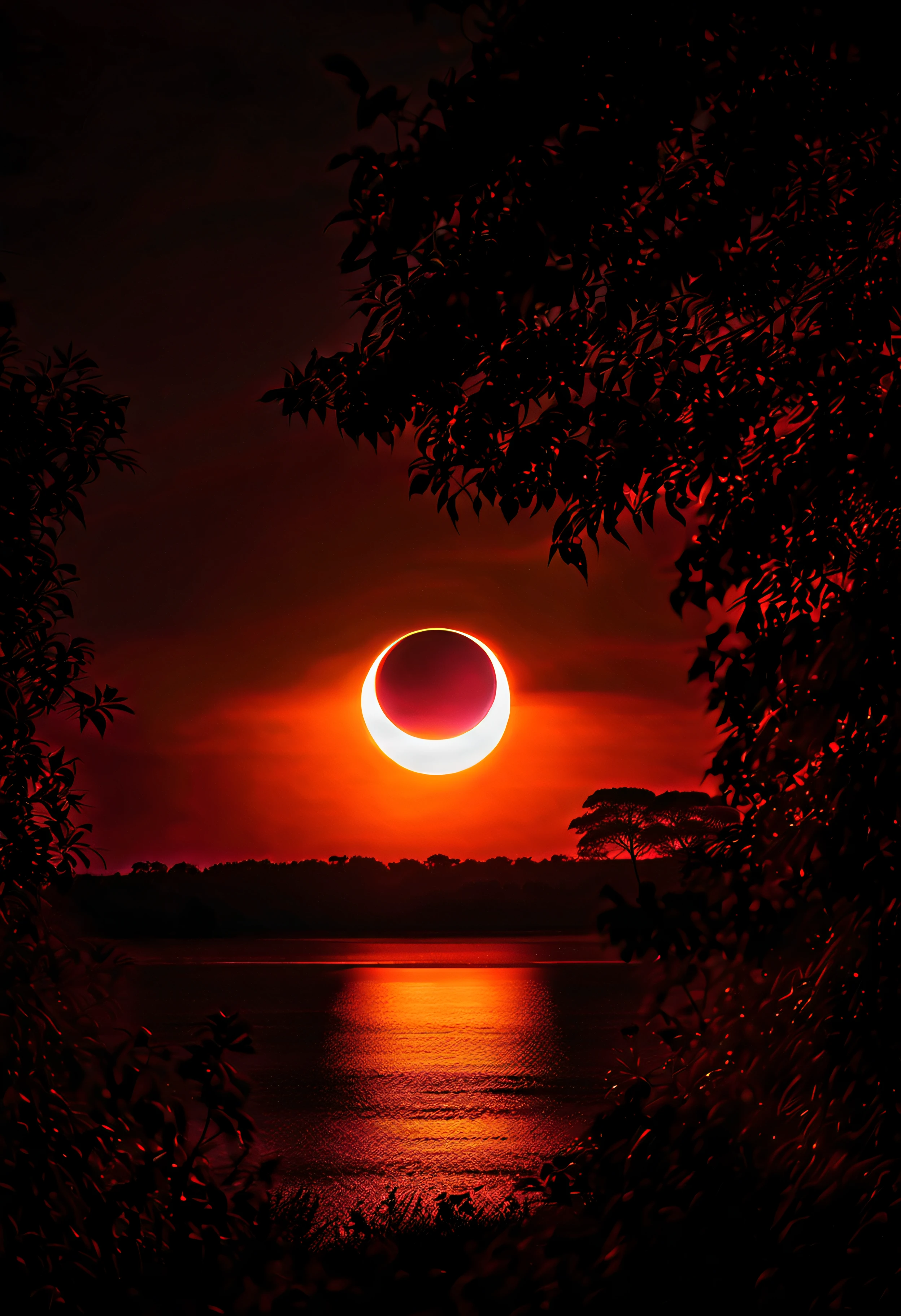 It transports us to a magical moment between day and night, Where the sunlight turns into a celestial spectacle. The horizon is tinged with warm shades of orange, vermelho e dourado, Evoking twilight at sunset. in sky, The imposing presence of the Ring Solar Eclipse dominates the scene, with its light and shadow creating a mesmerizing dance of colors. The transition between day and night is portrayed through soft, fluid brushstrokes, enquanto os tons vibrantes e gradientes representam a luz do eclipse. Subtle, luminescent details capture the mystical aura of this special moment, convidando o espectador a se perder na magia do momento. "Twilight Ring Eclipse" It is a work that celebrates the beauty and wonder of nature, uniting the cosmic and the terrestrial in a dazzling vision.