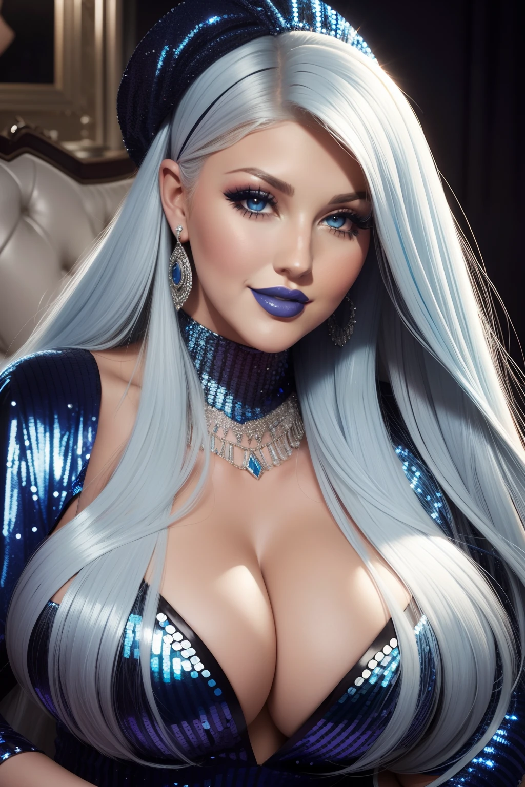Lucy Pinder, Face portrait, face, blue lipstick, smiling, cleavage, platinum hair, long hair, sequin dress, black dress, very chubby woman, Christina Aguilera.