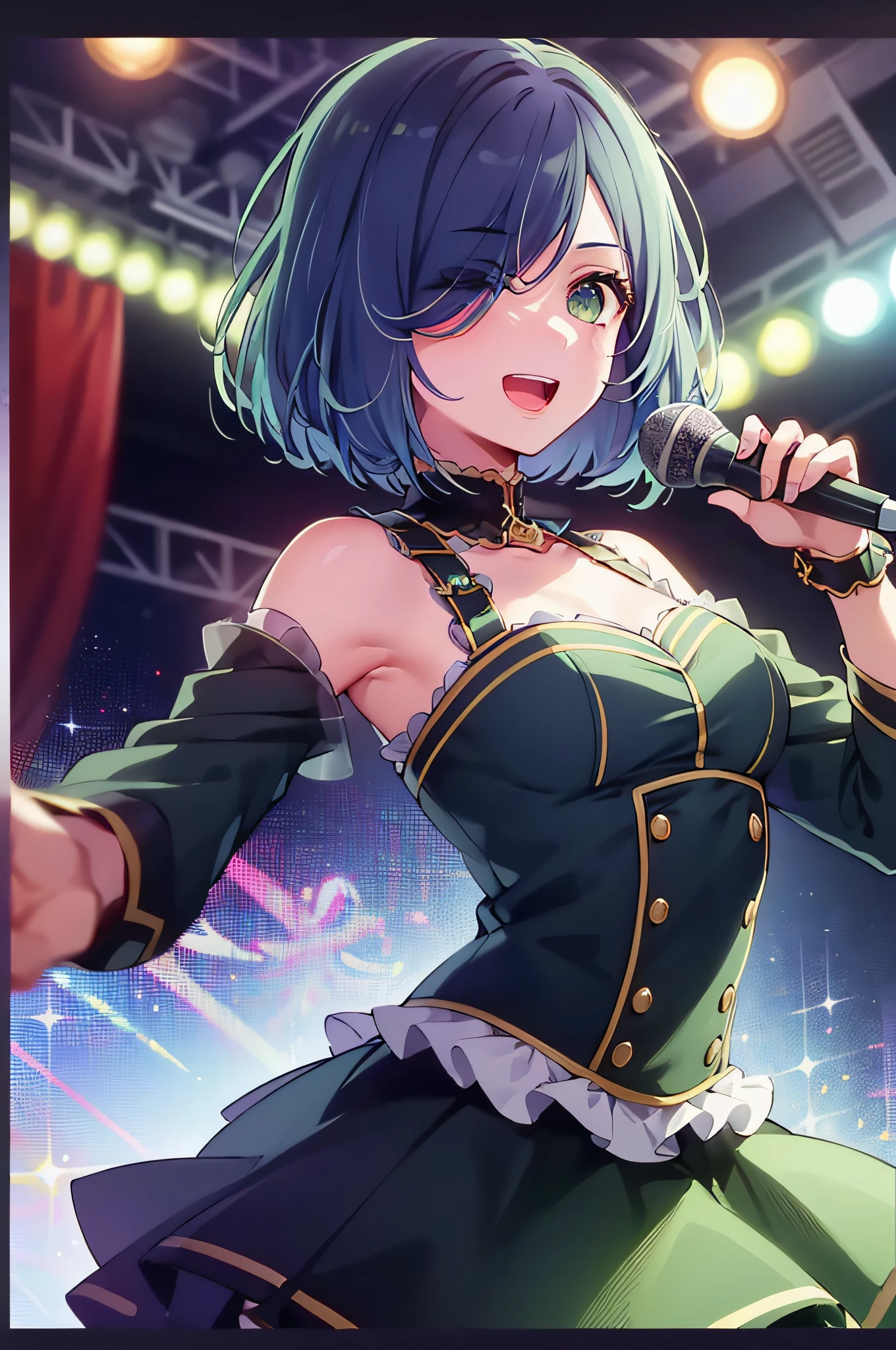 masterpiece, best quality, ultra-high resolution, super detailed, high contrast, Beautiful lighting, depth of fields, blue hair, green eyes, (bob hair:1.5), smile, open mouth, (close one eye:1.2), standing, (idol:1.1), skirt, (have a microphone:1.3), (front view:1.5), bust-up shot, (stage:1.2), Colourful lights