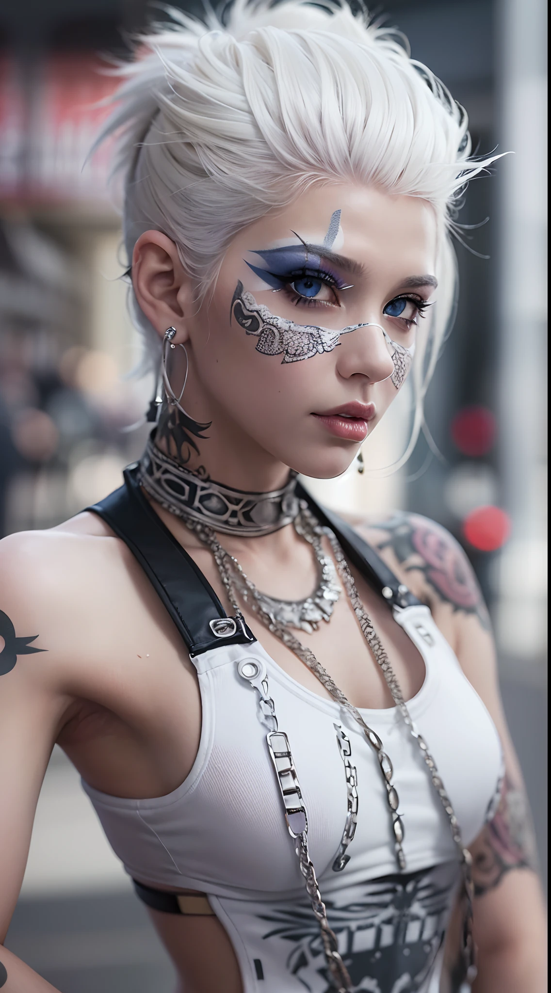 The prompts for the first theme are as follows:
"(Best Quality, 8K, 32K, masutepiece:1.3), Ultra-detailed, (Photorealistic:1.4), white colors, albino, Punk Girl, Detailed eyes, Upper body, Luxurious punk hair, Edgy punk fashion, Avant-garde makeup, Numerous piercings, Heavily tattooed body, Street background, Backlight effect, Shallow depth of field, Blurry background"