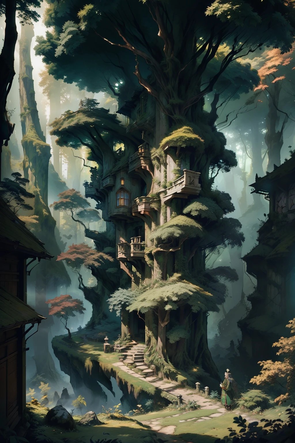 green castle in the forest, green colours, beautiful landscape, from Brian Froud and Carne Griffiths and Wadim Kashin and John William Waterhouse, 8K post-production, high resolution, hiperdetailed, trending in artstation, sharp-focus, Studio photo, from Greg Rutkowski