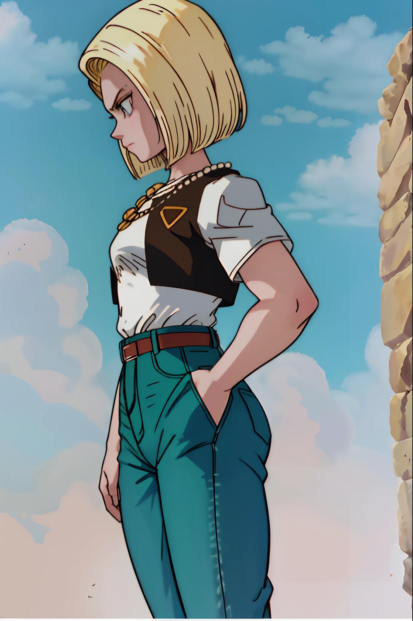 melhor qualidade, highes definition, E18, 1girl, Android 18, sozinho, cabelo loiro, olhos azuis, cinto, jeans, pearl_colar, pulseira, luvas pretas, decote, camisa branca, cabelo curto, mangas curtas, brincos, blue pants, colete aberto, colete preto, seios grandes, quadris largos, neste, pernas separadas, Cidade, (roupas rasgadas: 1.5), Erotic, standingn, no expression, corpo todo, lateralmente, perfil lateral, de lateral, corpo inteiro, standing on her feet, From head to toe, mostrando o corpo inteiro, peitos grandes, coxas grandes, perfil lateral, fazendo cara de vergonha.