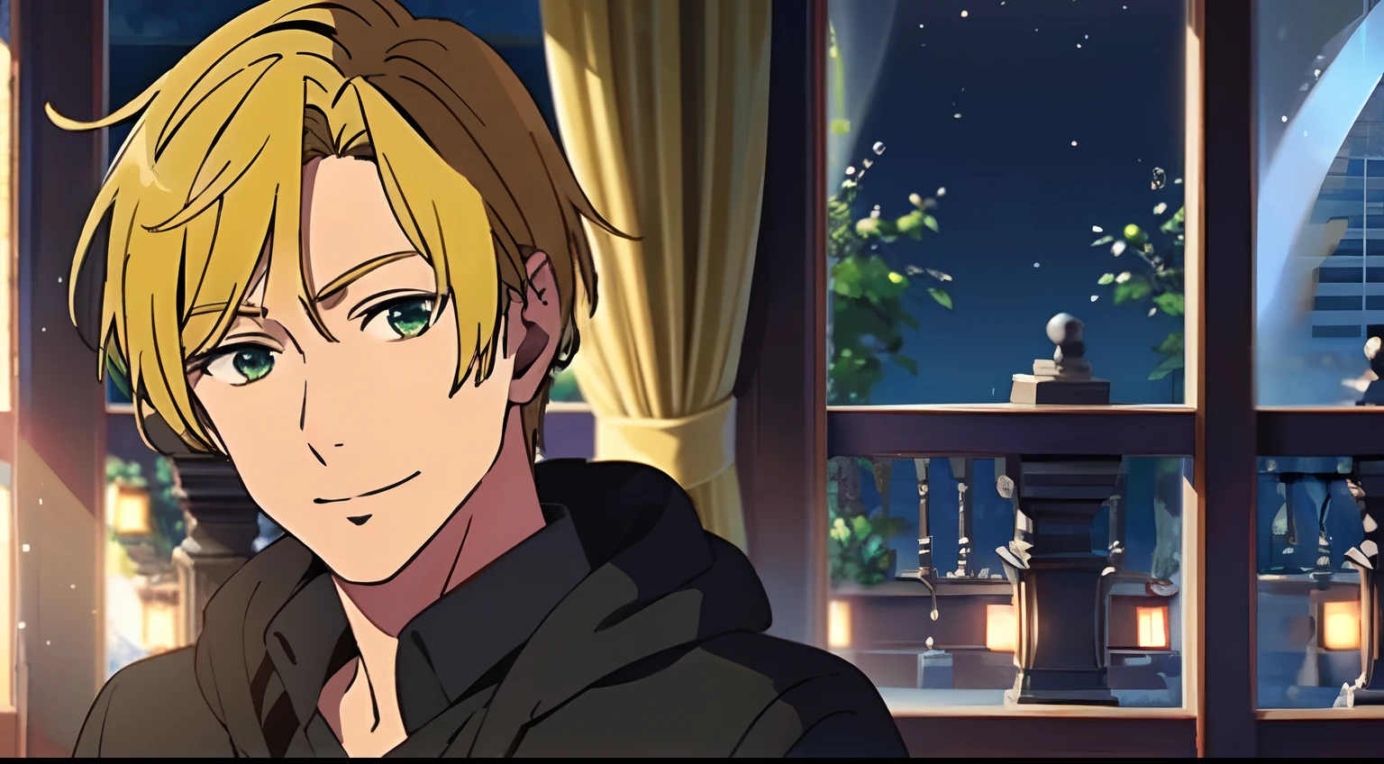 Masterpiece, 1Man, Satan OM, light smile, Look at viewer, Blonde hair, green eyes, scenery, indoor, night windows