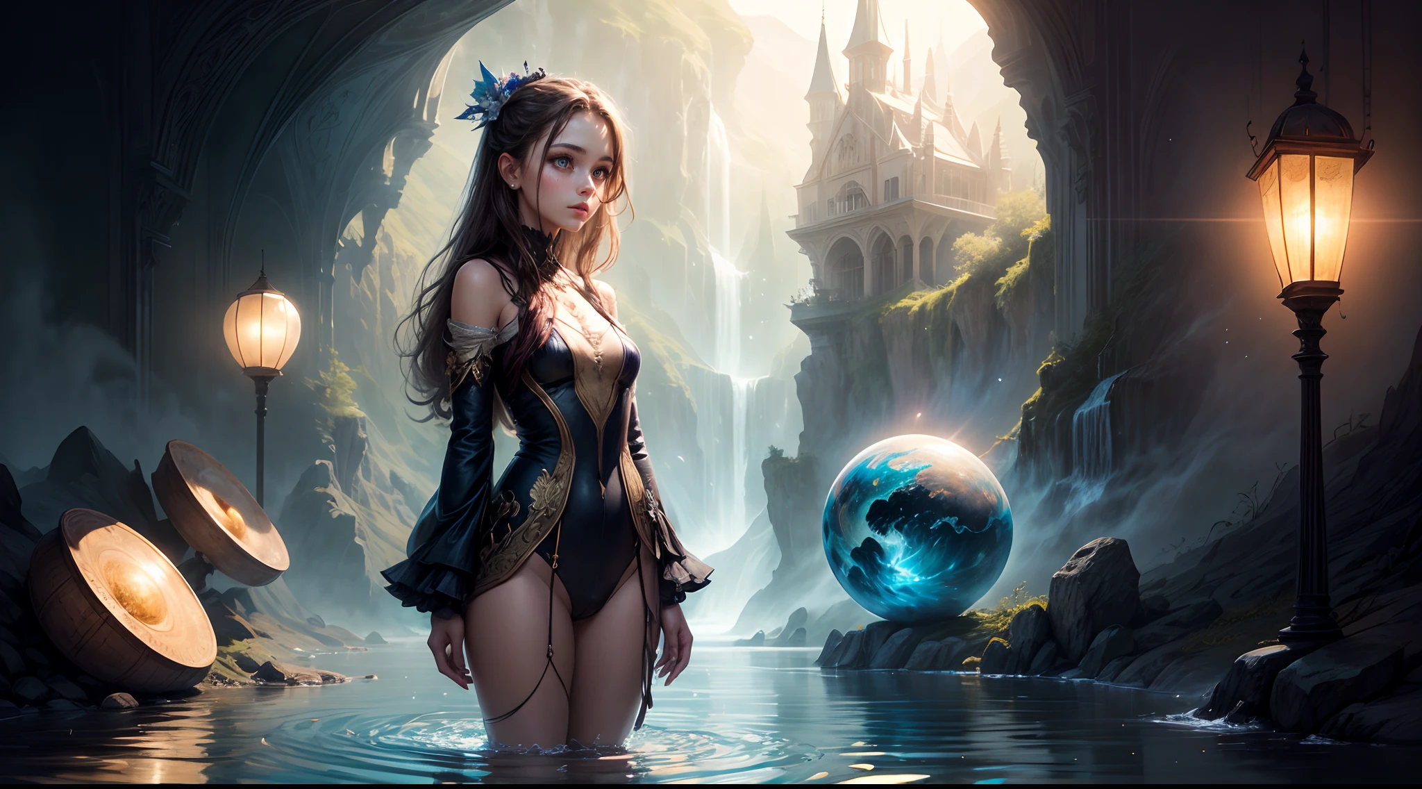 Painting: An enchanting artwork portraying a girl wearing silk, standing at the edge of a mystical pool, surrounded by swirling enchantments, with the distant planet casting an ethereal light upon her.