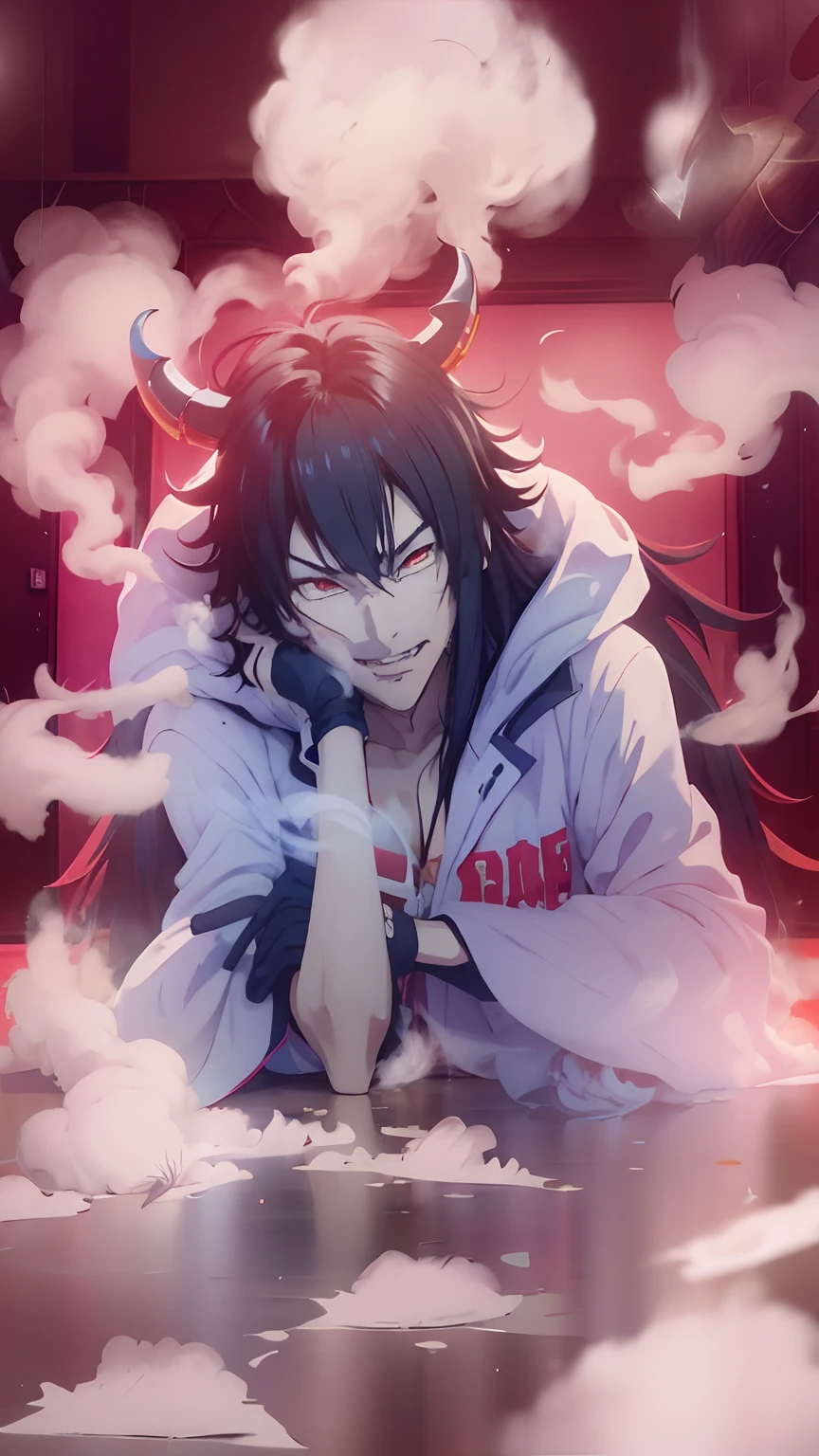 anime boy with extreme long black hair and horns in a red and black outfit, otaku, joker looks like naruto, hajime yatate, norihiro yagi, fujita goro!, choke smirk smile grin, in no game no life, wataru kajika, gas, boku no hero academia style, misato katsuragi, pale white skin, gas clothes, smoke clothes, smoke around