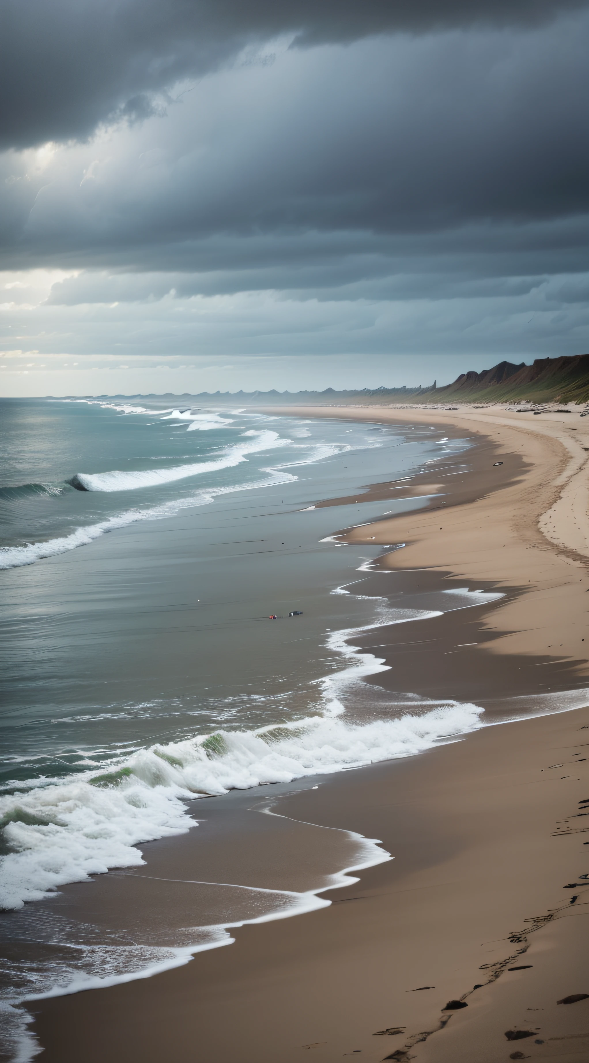 a long deserted beach at afternoon, misty, cloudy, a woman walking alone in distance,