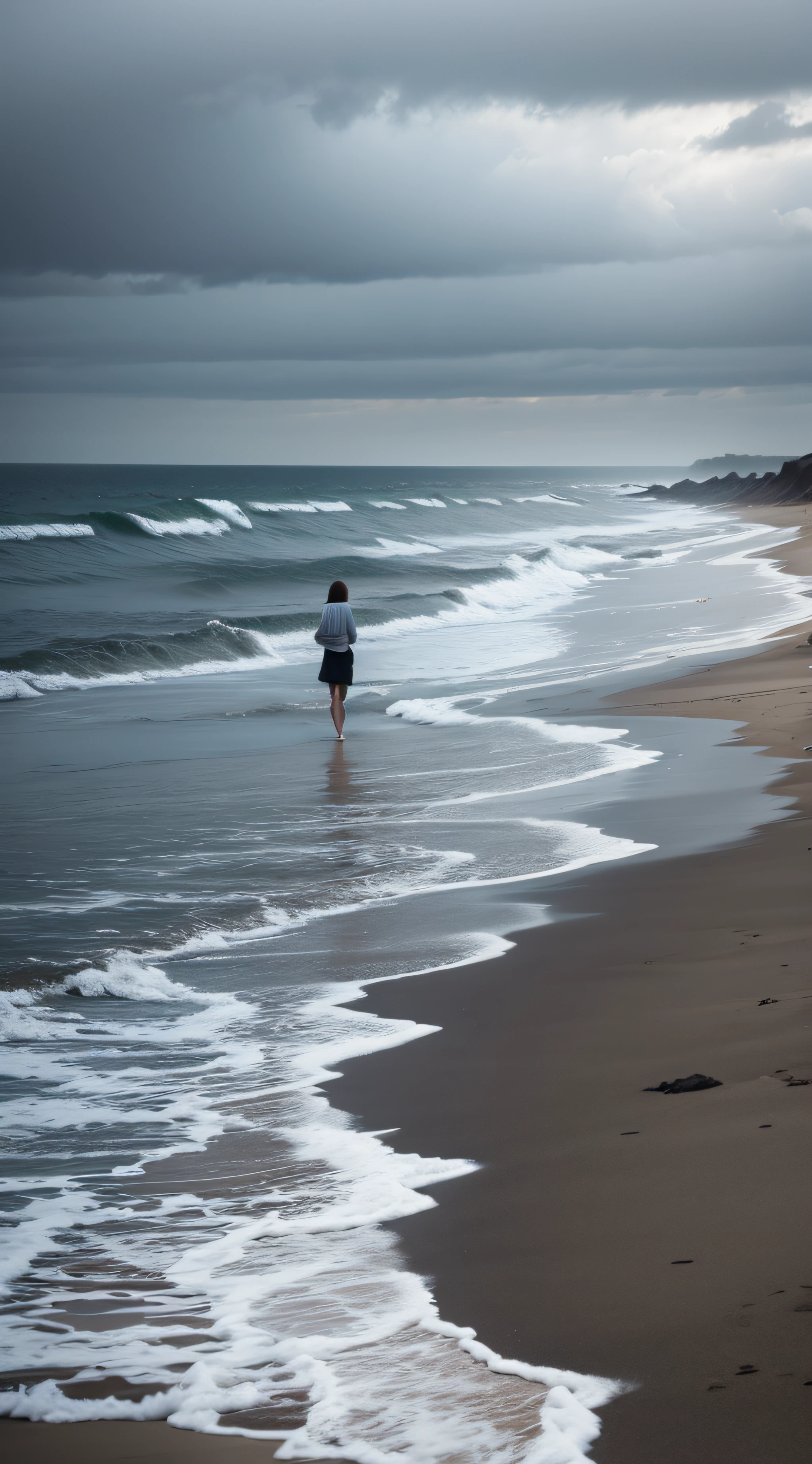 a long deserted beach at afternoon, misty, cloudy, a woman walking alone in distance,