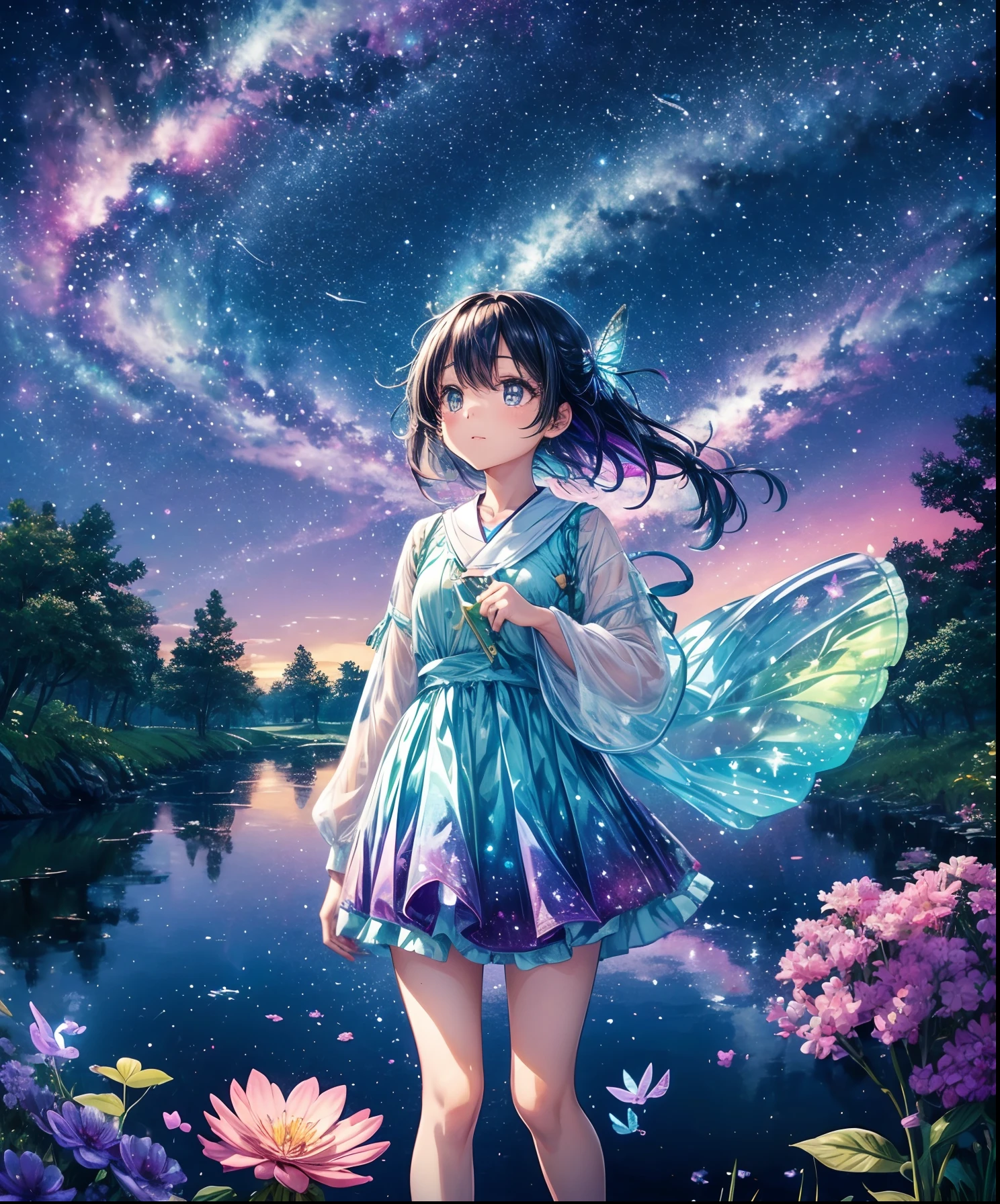 Cute girl characters、Iridescent grass々Drawing a butterfly flying over the water, Looking up at the starry sky. Surround her with colorful nebulae and colorful forests.