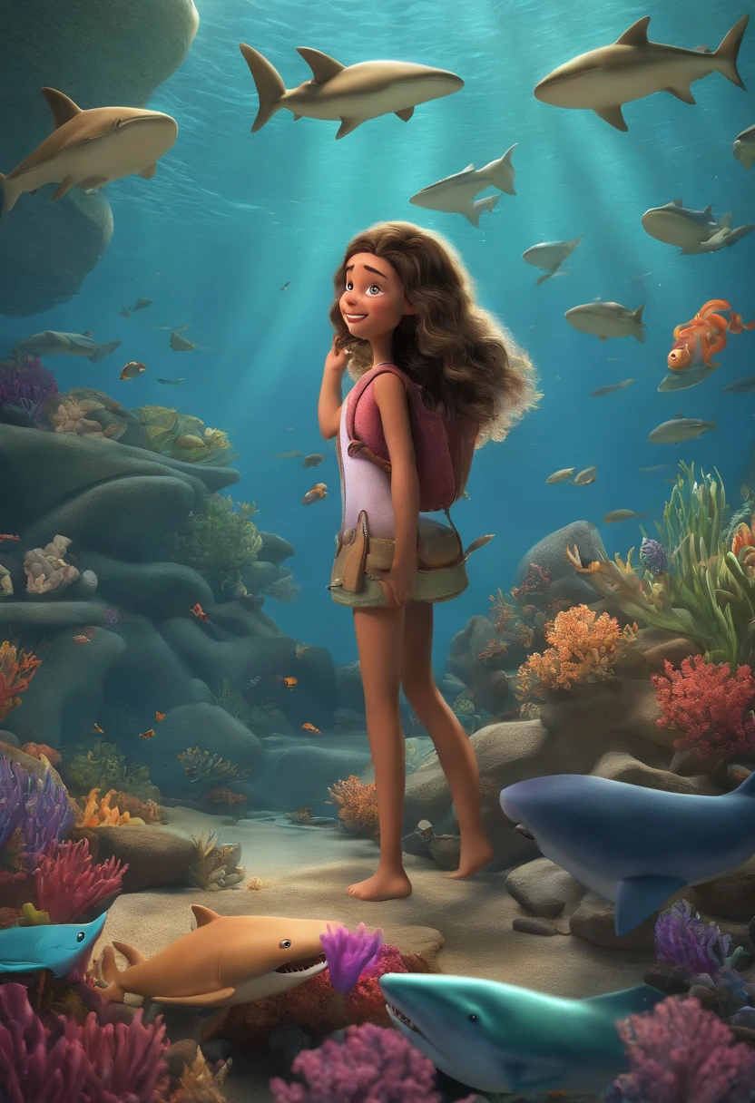 Produce a Disney-style 3D animation that narrates the story of Sharky, a girl who earned the nickname 'The Tooth' due to her unique fascination with shark teeth. She collected these teeth and believed they were good luck talismans