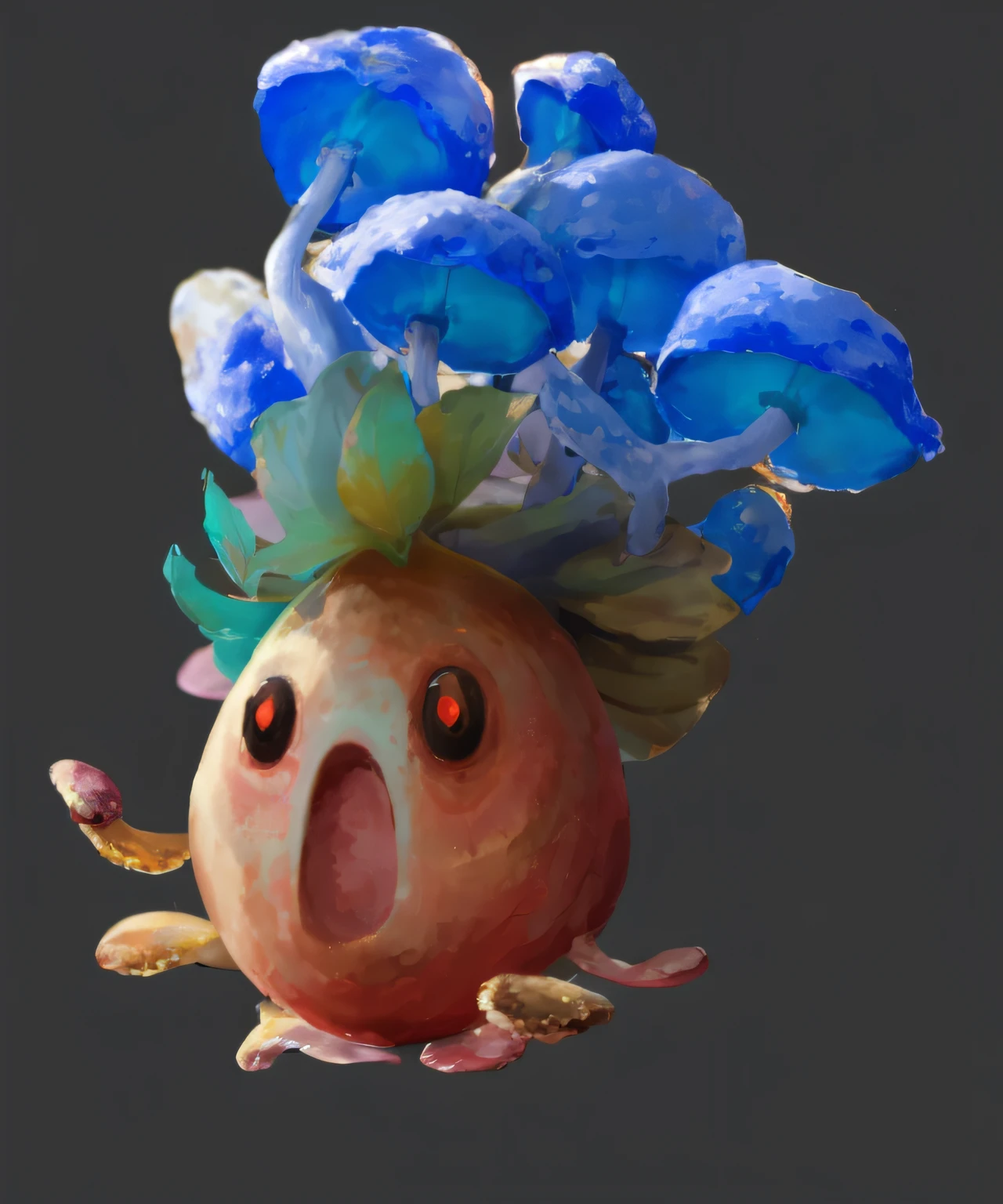 There is a seed that looks very cute，The head is huge, conceptual mystery pokemon, There is a leaf on the head with detailed details，There are large blue mushrooms on the leaves，Realistic and rich light and shadow details， weird pokemon, painted as a game concept art, aquatic creature, an alien mushroom with tentacles, inspired by Pinchus Kremegne, Realistic creature concept, spirit fantasy concept art，4K