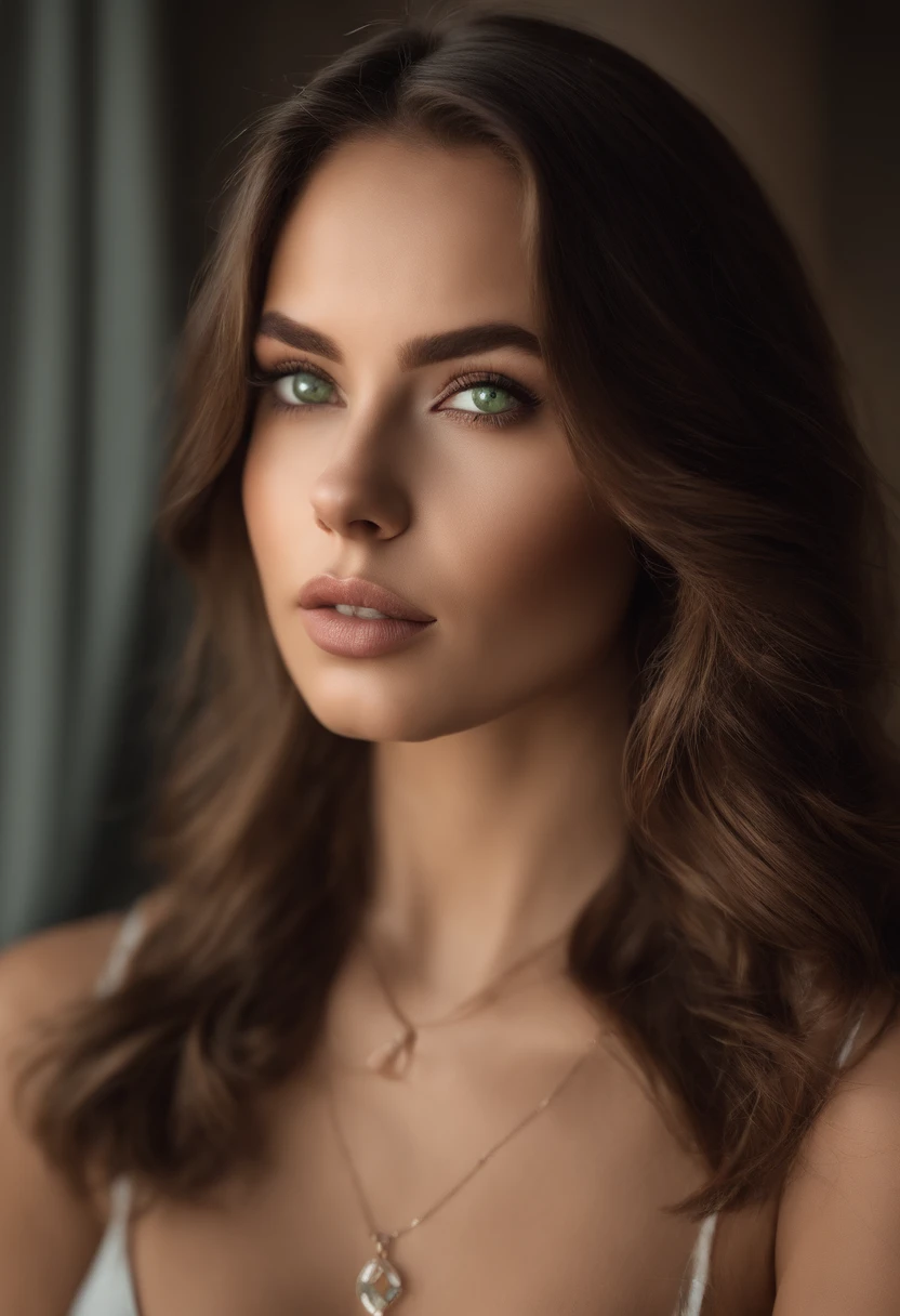 Arafed woman with a white tank top and necklace, fille sexy aux yeux verts, Portrait Sophie Mudd, cheveux bruns et grands yeux, selfie of a young woman, Yeux de chambre, Violet Myers, sans maquillage, maquillage naturel, looking straight at camera, Visage avec Artgram, Maquillage subtil, Superbe photo du corps entier, piercing green eyes, Bel angle, pose attrayante, fille mignonne, sexy pose, Image du corps entier, corps entier, Prise de vue du corps entier, brunette goddess, High detail, pose satisfaite, Pantalon en cuir