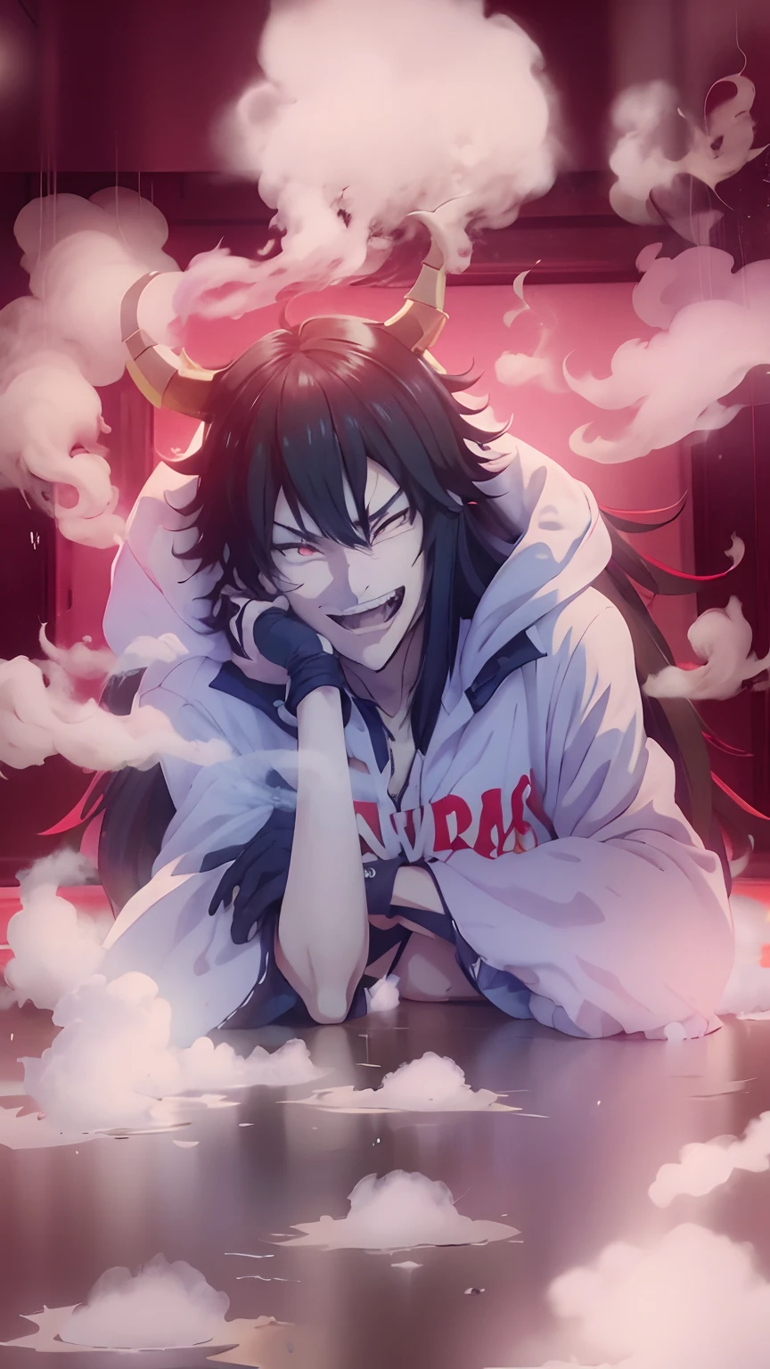 anime boy with extreme long black hair and horns in a red and black outfit, otaku, joker looks like naruto, hajime yatate, norihiro yagi, fujita goro!, choke smirk smile grin, in no game no life, wataru kajika, gas, boku no hero academia style, misato katsuragi, pale white skin, gas clothes, smoke clothes, smoke around