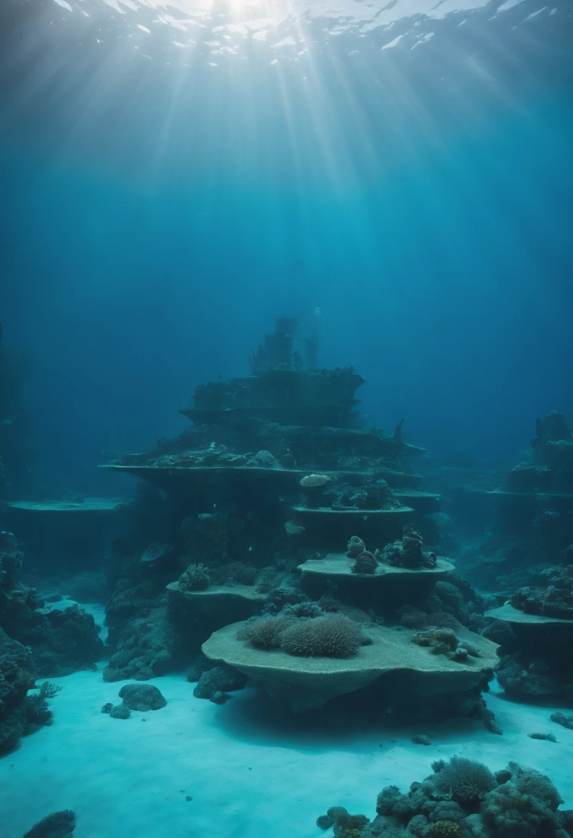 Futuristic undersea landscape of Atlantis. Light source on the left side.
