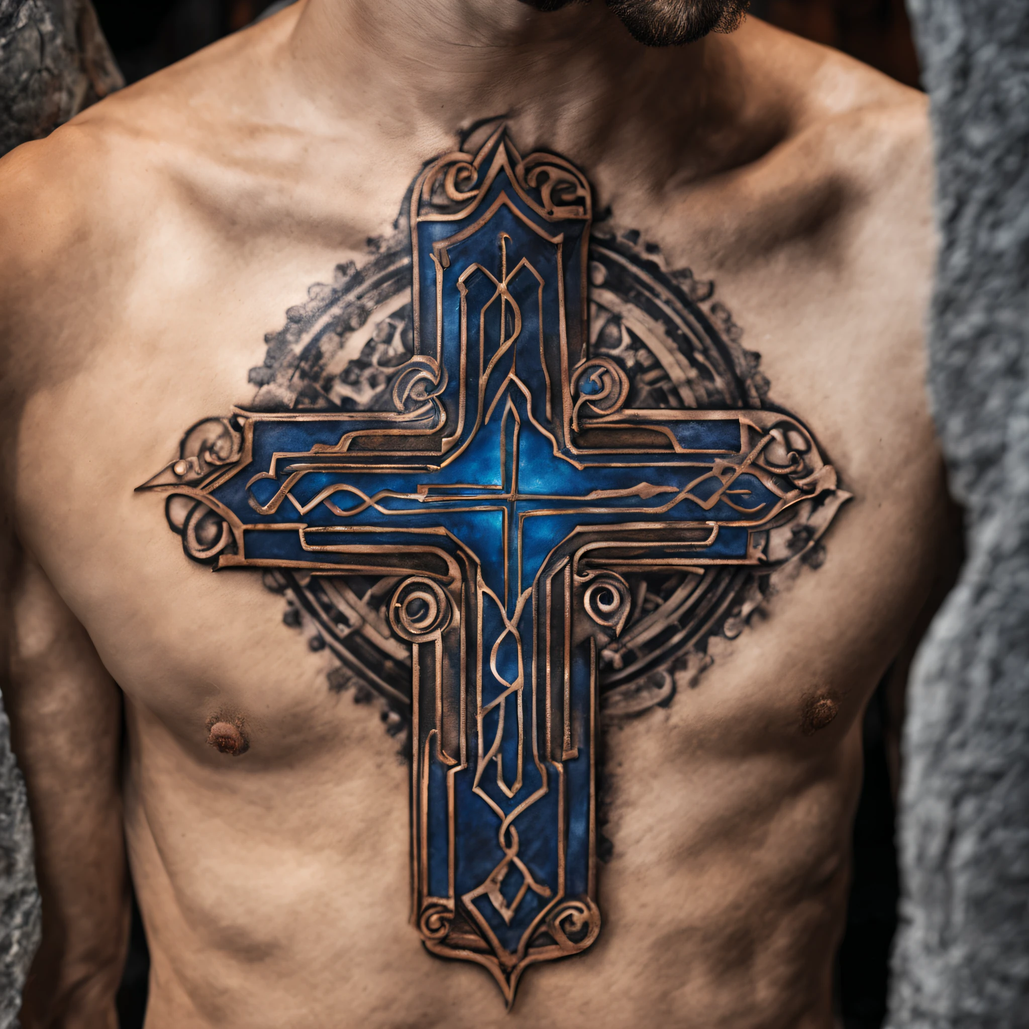 Will you create a description of the artwork for a tattoo featuring a shiny chain with a cross? I would like the chain to be an intense cobalt blue color and the cross to be silver and copper. Let this tattoo symbolize life's balance between durability and changeability