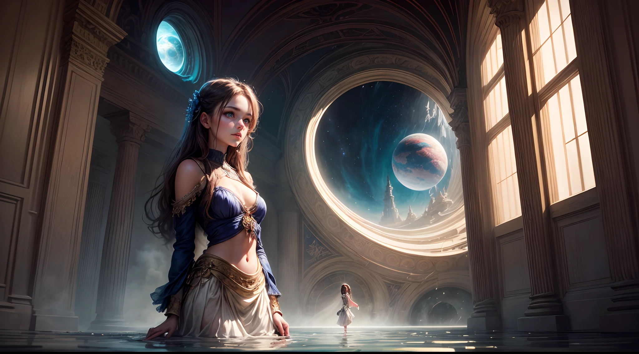 Painting: An enchanting artwork portraying a girl wearing silk, standing at the edge of a mystical pool, surrounded by swirling enchantments, with the distant planet casting an ethereal light upon her.