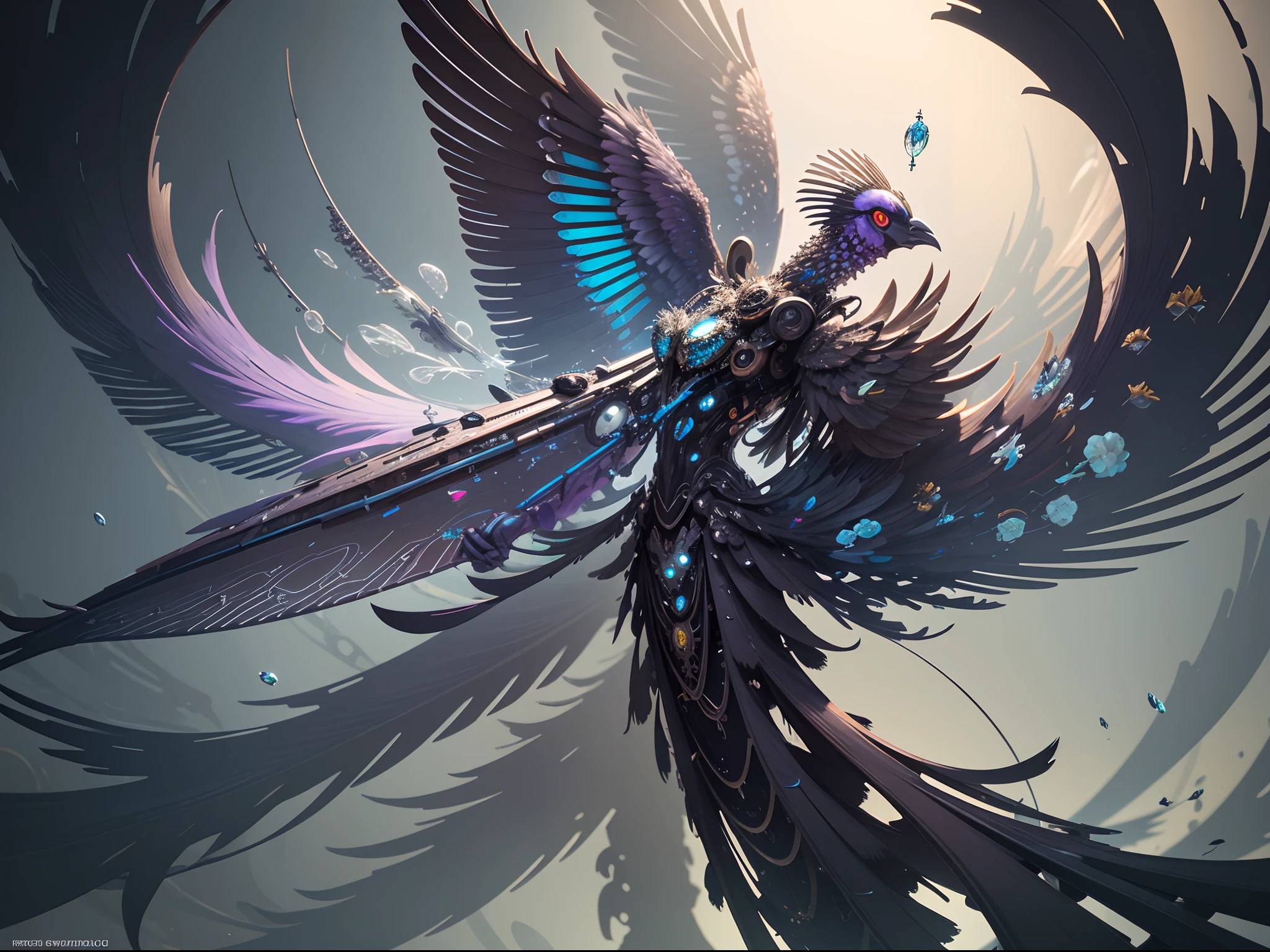 biomechanical of Victoria Crowned Pigeon, mechanical feathers, robotic, steampunk mechanical body, acrylic bubbles and flowers, ferrofluids, water distortions. looking up, intricate abstract. intricate artwork. beeple. blend of organic and mechanical elements, futuristic, cybernetic, detailed, intricate, dark theme, (in awe:1.2), confident, (surprised:0.7), realistic rendring object