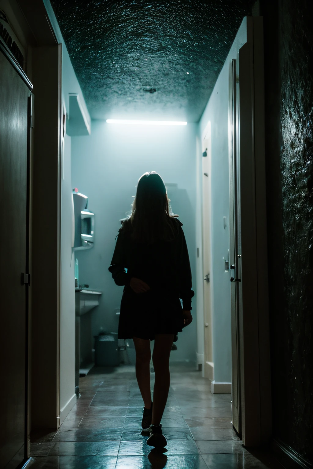 fondo de terror, con una criatura oscura que aparece en el fondo de un pasillo dentro de una casa, sus ojos brillan y hay neblina. iluminacion de una linterna en primera persona.