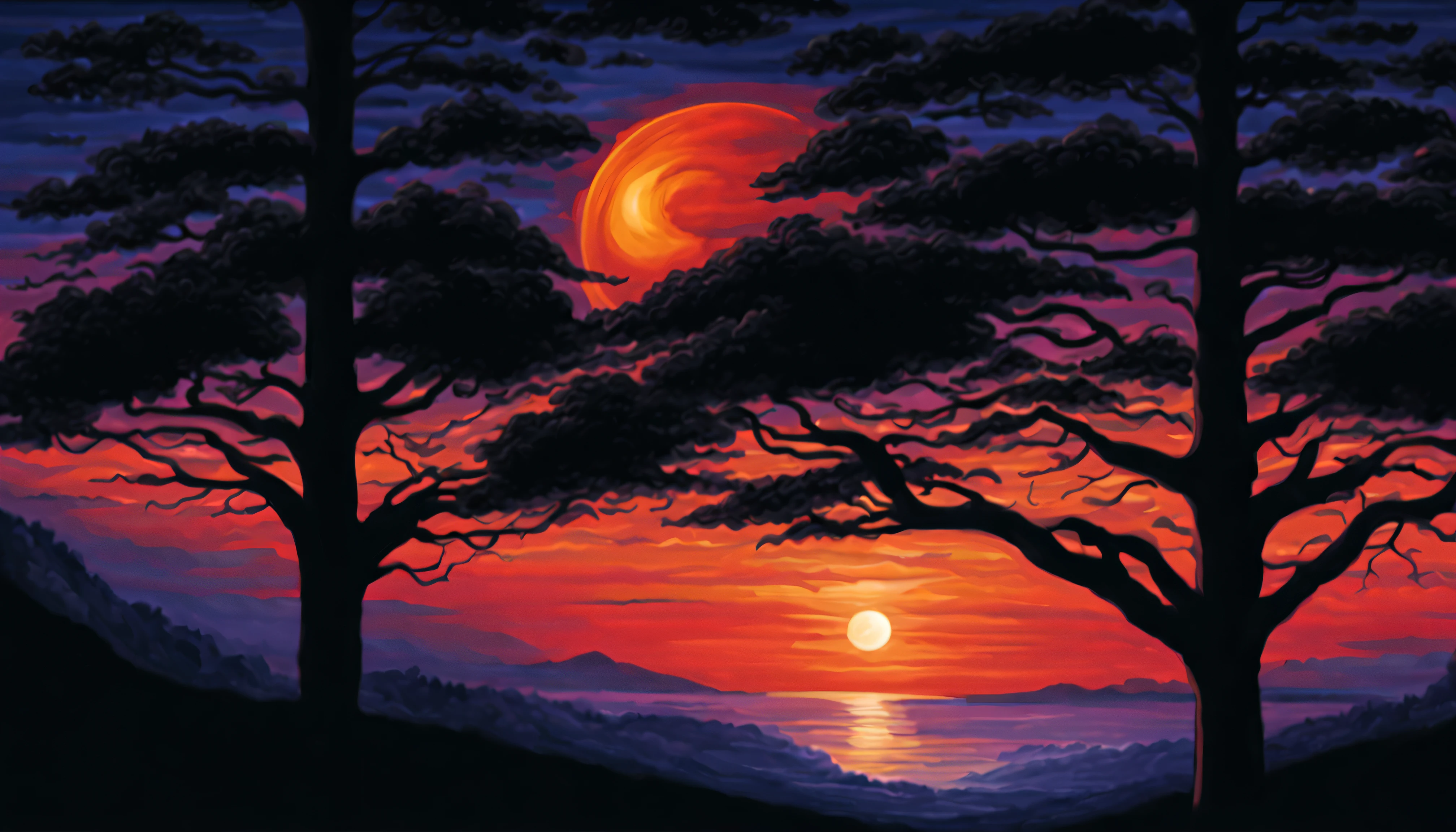 It transports us to a magical moment between day and night, Where the sunlight turns into a celestial spectacle. The horizon is tinged with warm shades of orange, vermelho e dourado, Evoking twilight at sunset. in sky, The imposing presence of the Ring Solar Eclipse dominates the scene, with its light and shadow creating a mesmerizing dance of colors. The transition between day and night is portrayed through soft, fluid brushstrokes, enquanto os tons vibrantes e gradientes representam a luz do eclipse. Subtle, luminescent details capture the mystical aura of this special moment, convidando o espectador a se perder na magia do momento. "Twilight Ring Eclipse" It is a work that celebrates the beauty and wonder of nature, uniting the cosmic and the terrestrial in a dazzling vision.