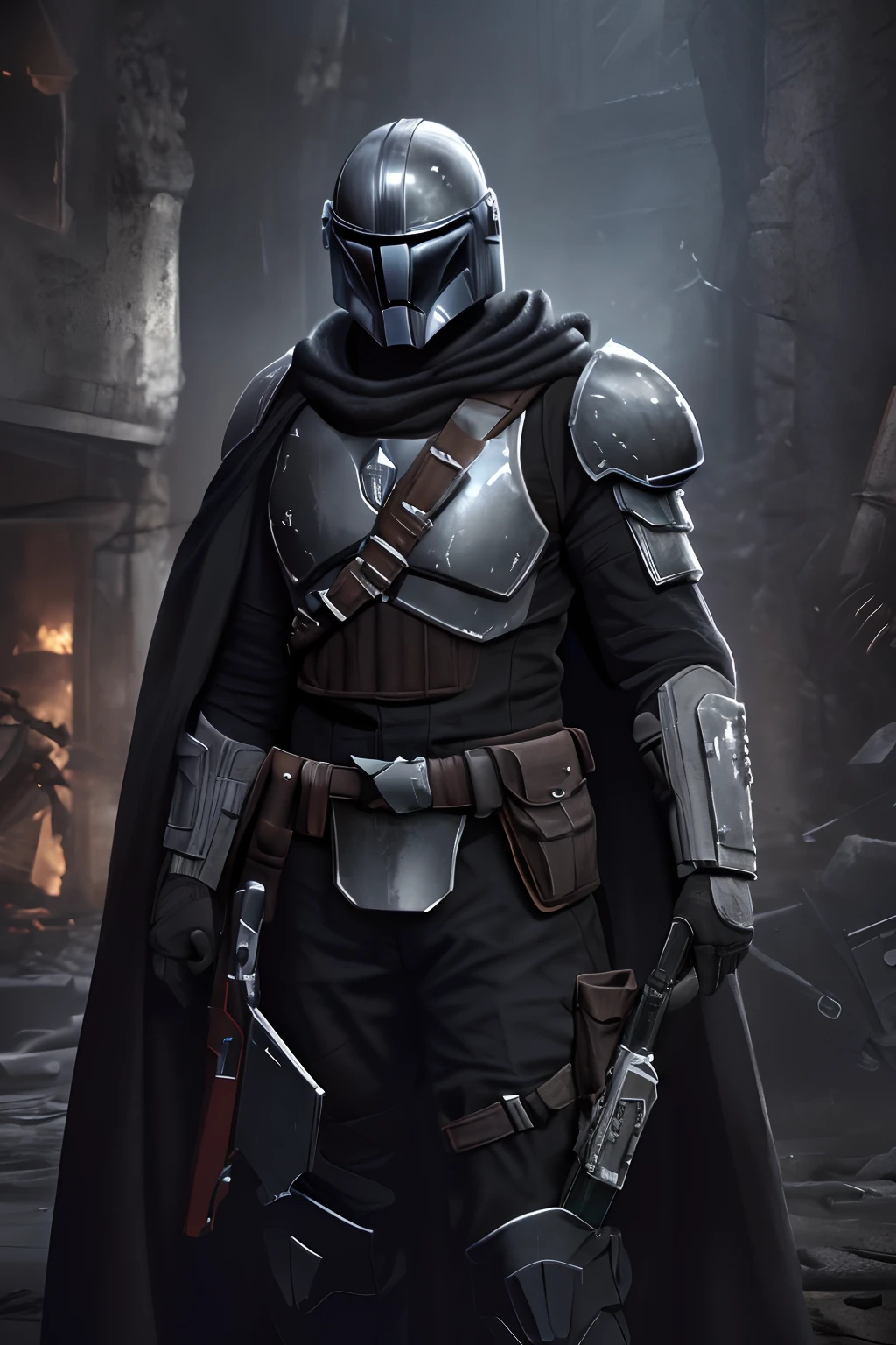 A Mandalorian Jedi With All Black Armor Holding An Orange Lightsaber Standing With A City In Flames., Printmaking Art," Printmaking extremely detailed CG unity 8k wallpaper), (masterpiece), (best quality:1.2), (highres), (illustration:1.1), (cinematic light:1.1), finely detailed, intricate details, (best illustration), 8k resolution, intricate details, best quality, realistic, ultra-detailed, best illumination, best shadow, ultra-HD, cryengine, ultra hd, (detailed reflection), detailed shadows, (((intricate details))), smooth, ((perfect shading)), high quality metal texture, metallic luster, highly detailed illustration, (semi realistic:1.6), (wide_shot:1.2), (from below, dutch_angle), dutch angle, ((cowboy shot)), (((1male:1.5))), (with sword), (((athletic male))), ((manly:1.5)), ((half-closed eyes)), (grey eyes), very detailed face, (((short slicked back hair:1.1))), ((black clothes)), ((high quality black tactical gear, black tactical vest)), clothes flapping with wind, (urban_tech-wear + black_gloves), (((hoodup))), (stalker \\(warframe\\), ((beautifully detailed metallic black skull mask)), ((intricate beautifully detailed jackal_skull_mask)), ((tactical vest + tactical gear)), (survival gear), black clothing, tall boots, (long black coat), (((wearing highly detailed torn black cloak))), perfect hands, archangel, demi-demon, complicated background, dynamic camera angle, blood rain behind, (warzone), (((high quality detailed ruins))), (depth of field), ((cinematic lighting)), ((horror)), ((dark fantasy)), lovecraftian, spot color, monotone, red, splashing blood, (best illumination), (hyper intricate details), ((ultra-detailed)), 4k unity, (extremely detailed CG:1.2), (8k:1.1), ((landscape view)), Artstation, ((by sui ishida, by Wenjun Lin, by stefan morrell)), dystopian art, apocalypse art, ((semi-realistic)), (realism), (dynamic), (nixeu_basic2:0.5),