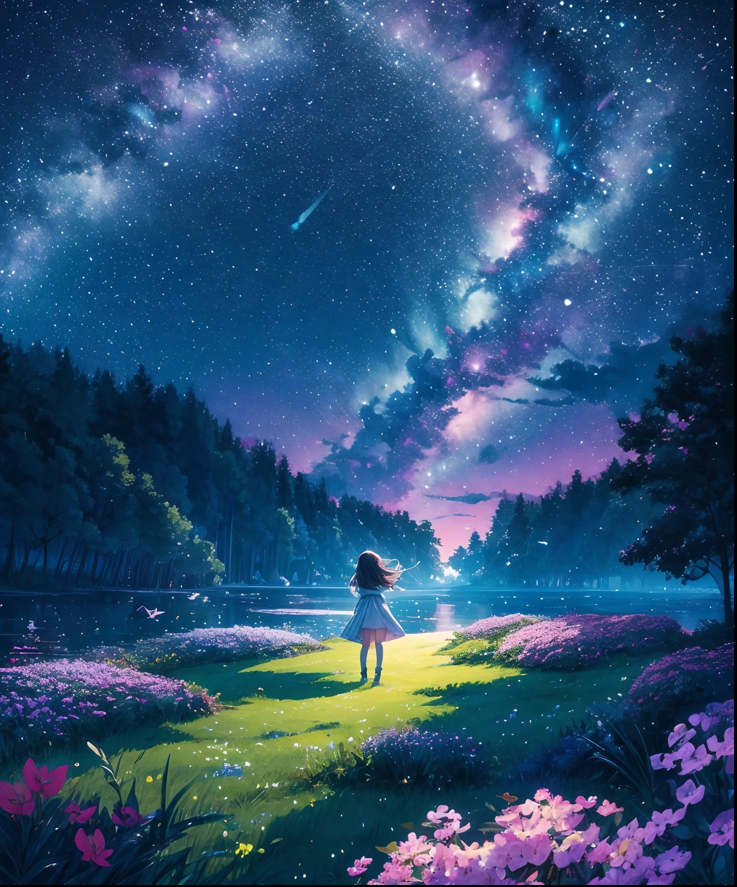 Cute girl characters、Iridescent grass々Drawing a butterfly flying over the water, Looking up at the starry sky. Surround her with colorful nebulae and colorful forests.