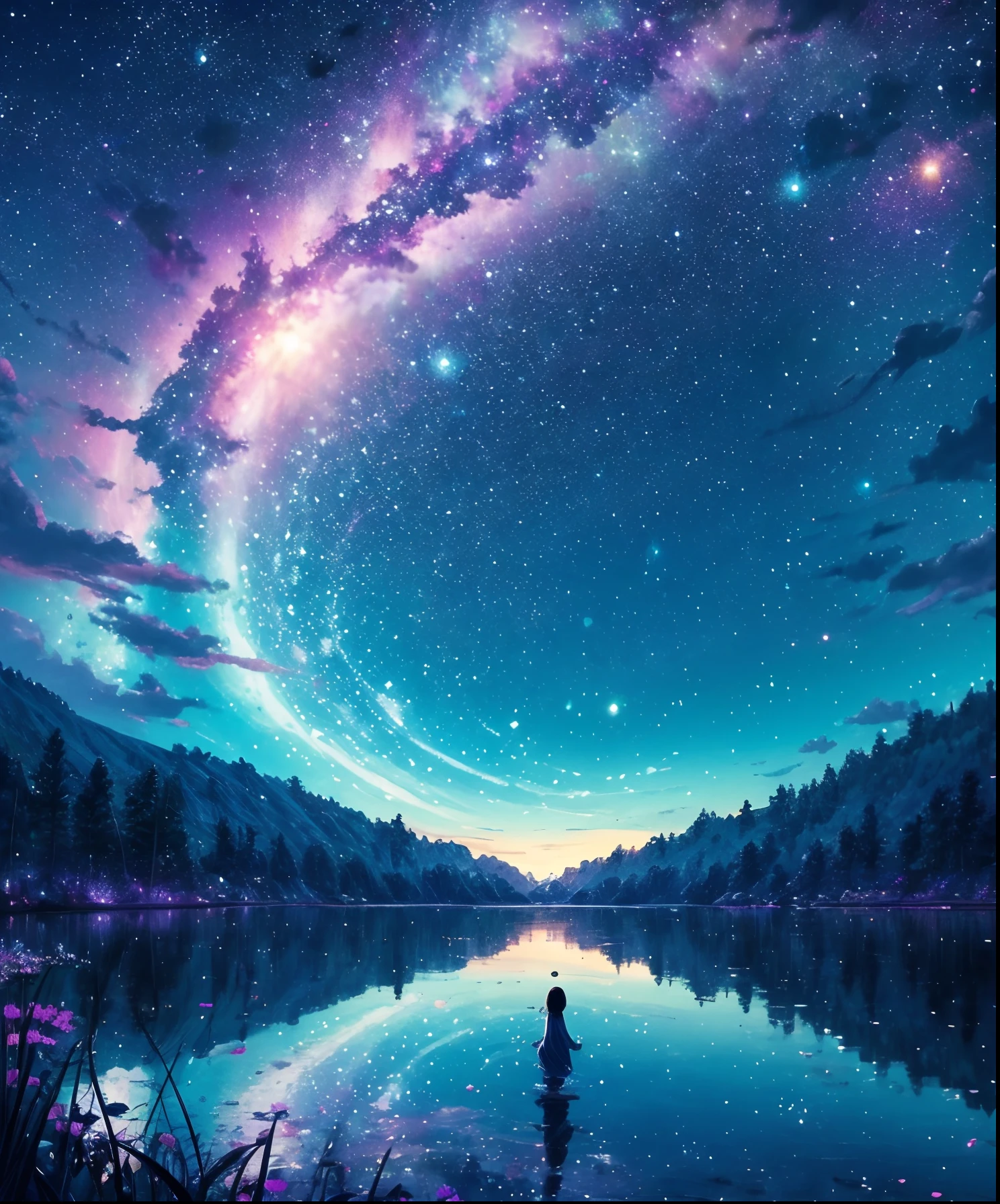 Cute girl characters、Iridescent grass々Drawing a butterfly flying over the water, Looking up at the starry sky. Surround her with colorful nebulae and colorful forests.