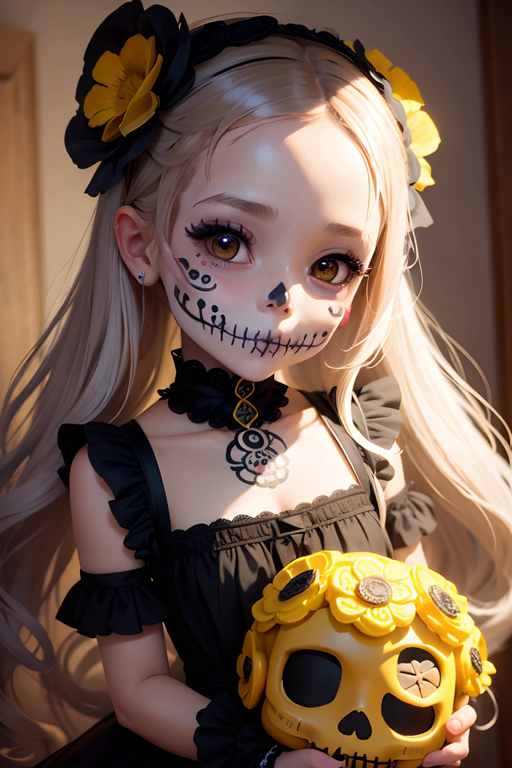 masterpiece, best quality, a cute chibi loli girl smiling with a ((sugar skull makeup)), holding a yellow flowers bouquet