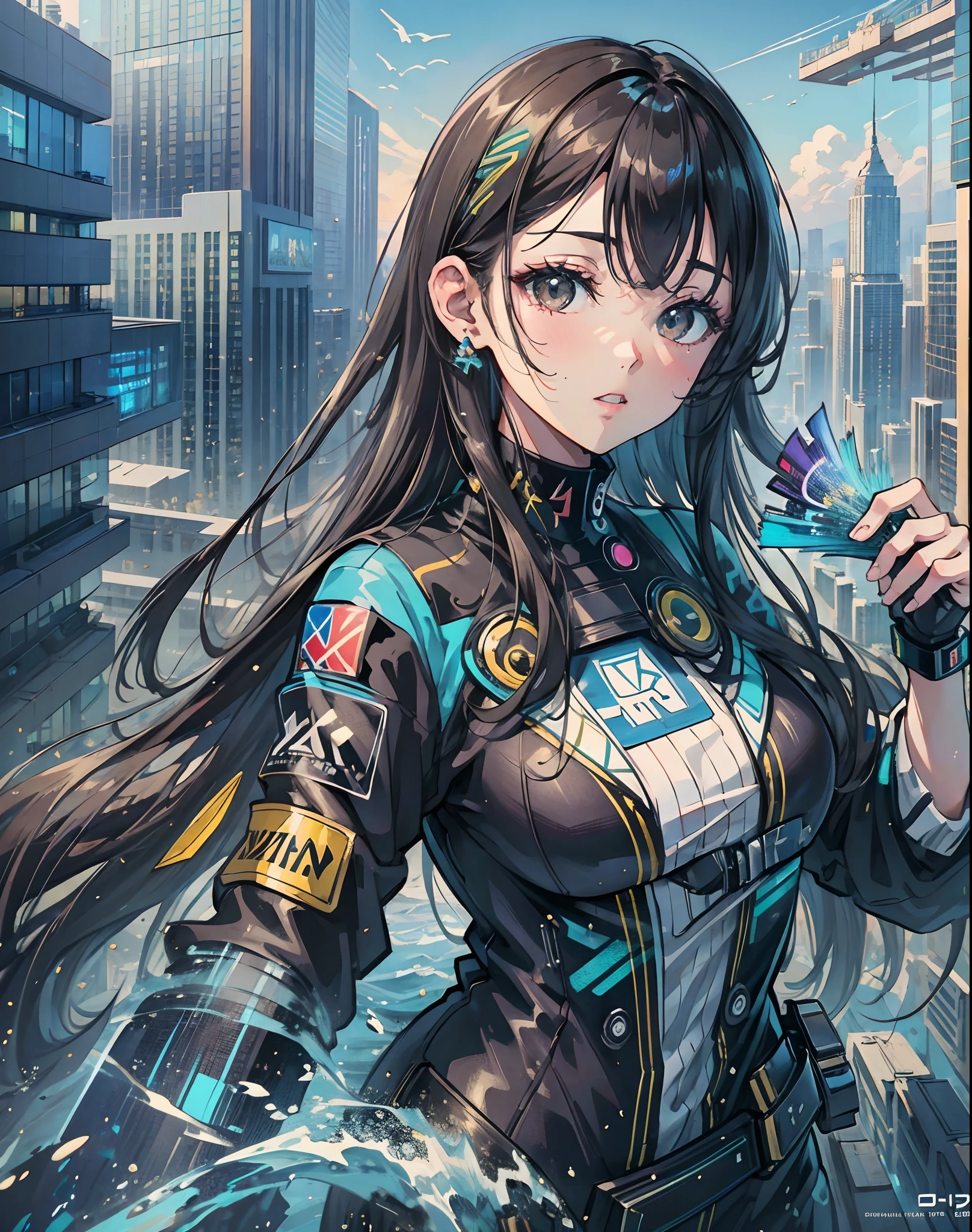Cute girl blogger taking selfie on top of building, futuristic seascape, anime girl, cute and exotic, black eyes, natural straight hair,maximun upscale, artwork,lots of details, specific details, hypermaximalist, ultra graphics, very high graphics, very high realism,realistic, hypermaximalist, 4k, 8k, amazing, maximum quality, extreme realism, uhd, shaders, ultra realistic, hypermaximalist, ultra graphics,ultra details. --auto --s2