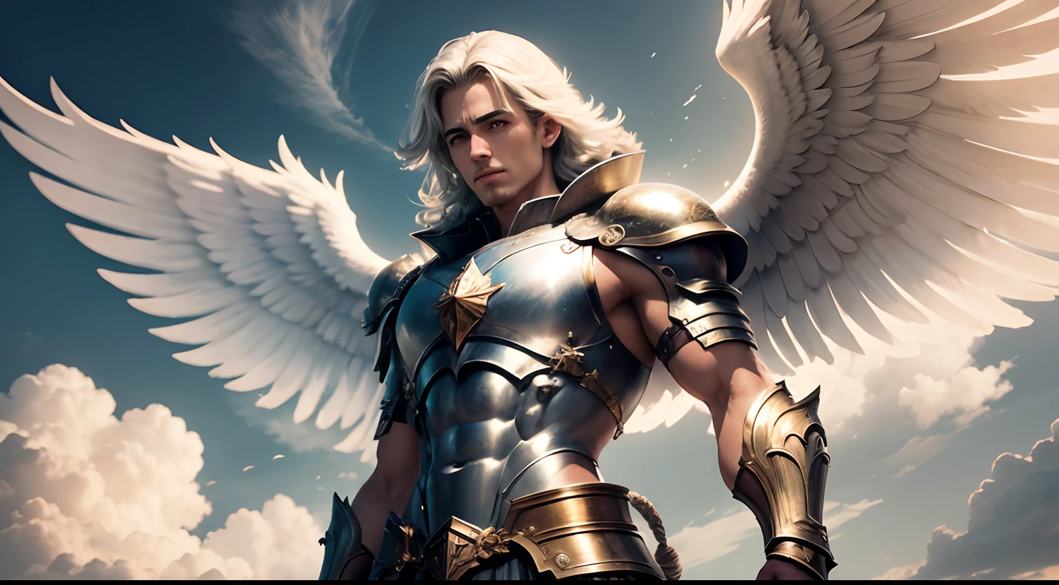 Anjo masculino, with breastplate, Strong and powerful in the resplendent sky