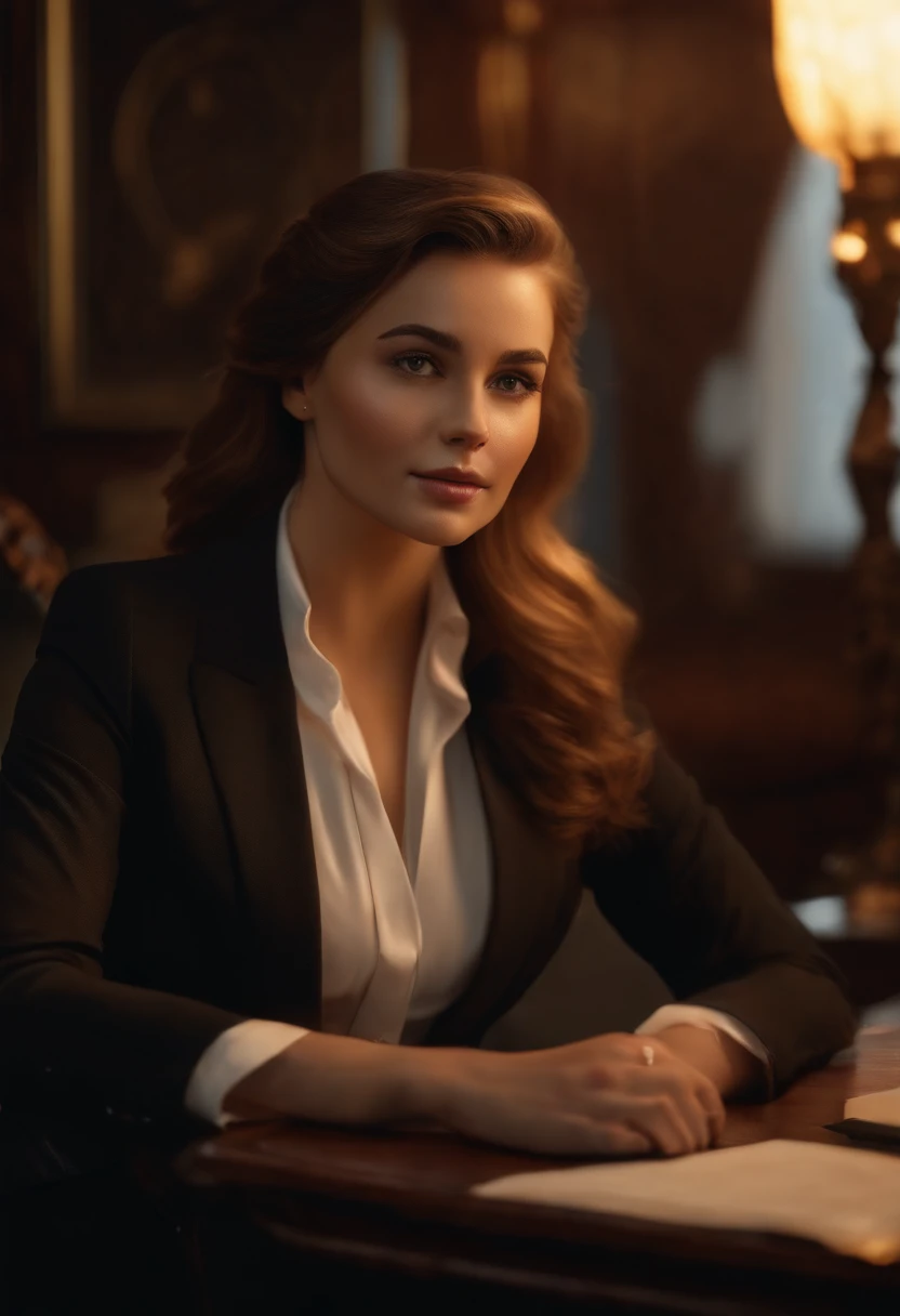 premier quality, Masterpiece, 1 fille, beau visage, (Photorealistic photos:1.3), Rim Lighting, (high detail skin:1.2), 8k UHD, DSLR, High quality, High definition, 4K, 8k, Bokeh, (real: 1.3), petit visage, Mignon une fille, Blazer formel noir, sein moyen, Jupe courte,bureau