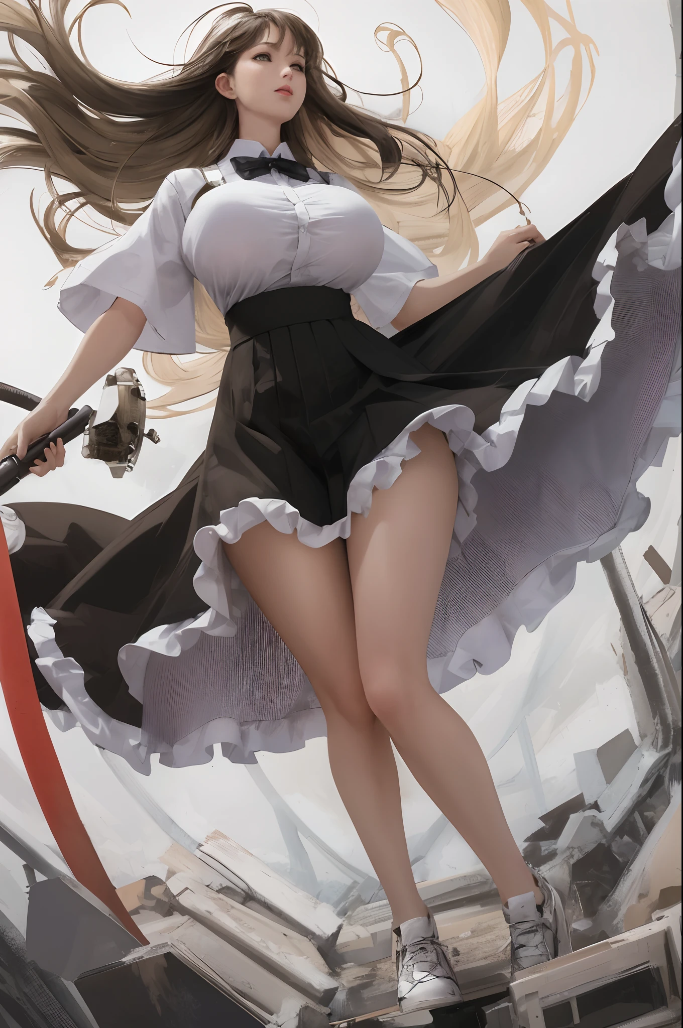 Full body image of a tall girl with big boobs looking down with a low angle perspective looking up from under her skirt