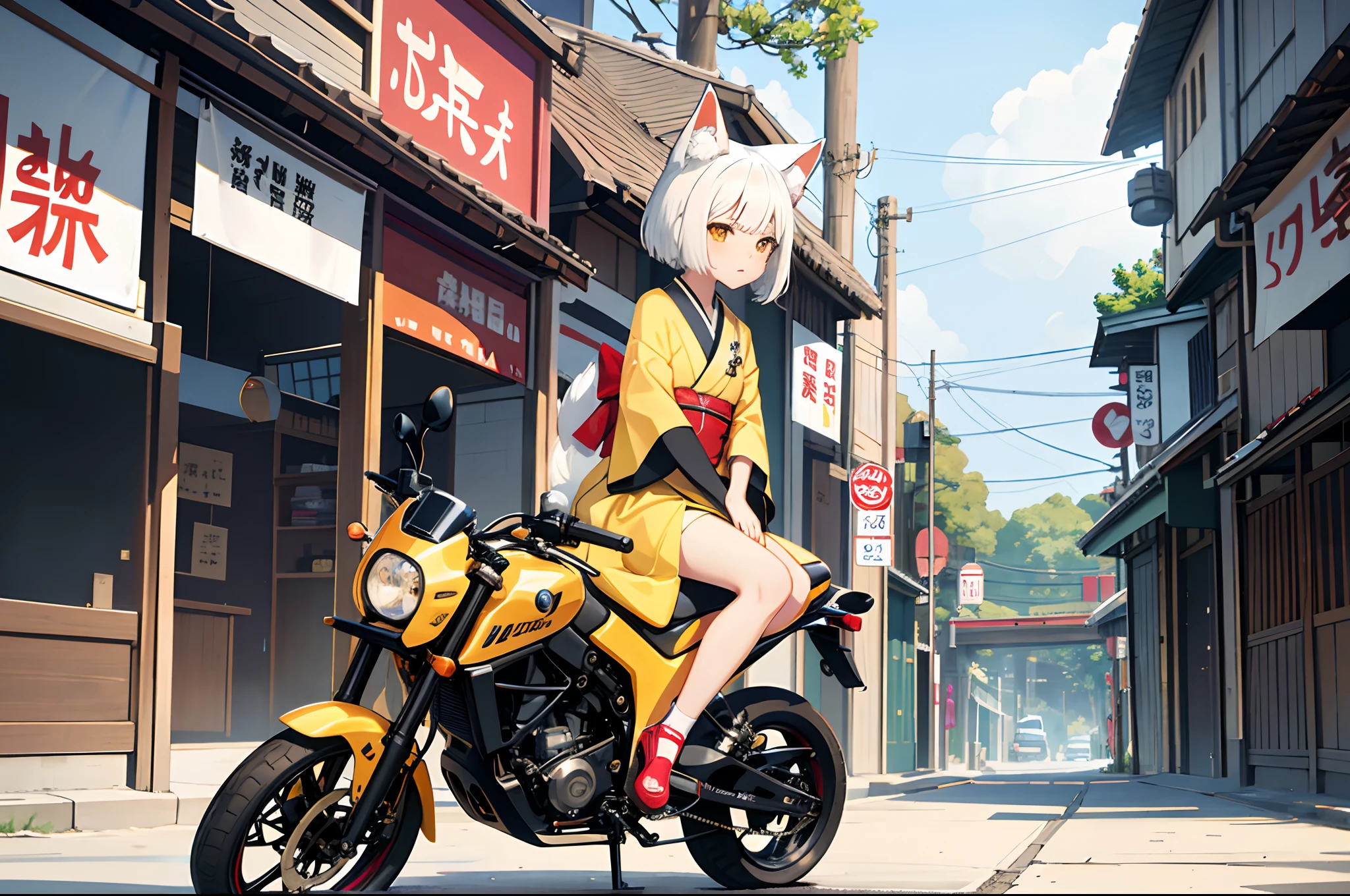 1girl in,10 years old, komono, Priestess Uniform, short-haired, Okabo's, Shortcuts, White hair, Red eyes, White fox girl, Fox ears, White fox ears, Fox tail, White fox tail, Wallpaper, landscape, depth of fields, Daytime, side lights, Fate \(Series\), GenshinImpact, cloud, In kimono, 1 bike, Riding a motorcycle, Straddling a motorcycle, Yellow Bike, Yellow Bike, Yellow, Honda, Honda, Monkey 125, monkey125, 1 headlight, Retro bikes, Off-road bikes, rider, Mini, touring, Car