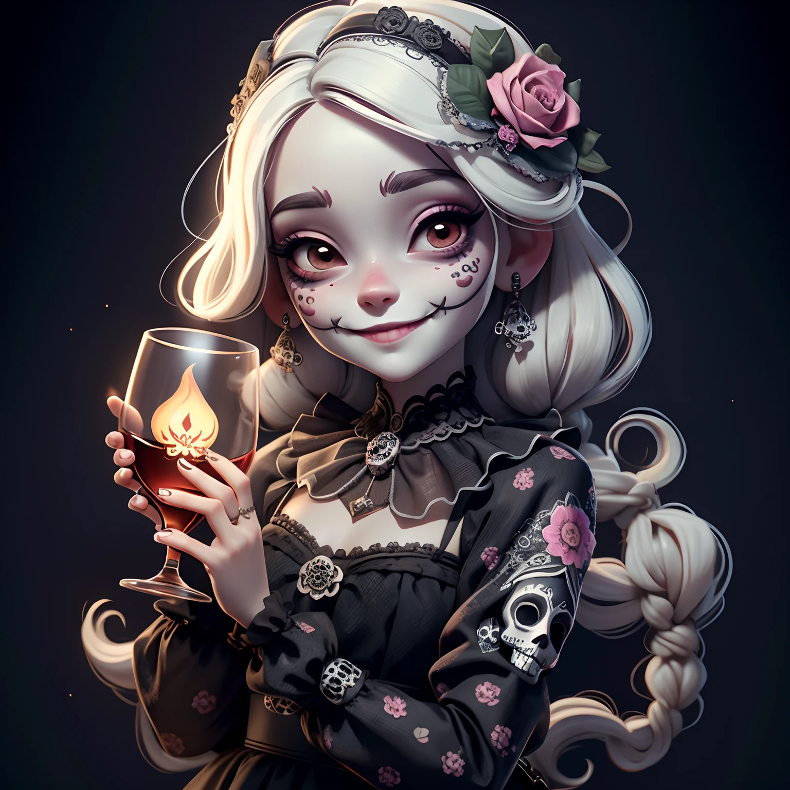 masterpiece, best quality, a girl smiling with sugar skull death makeup, holding a glass lantern