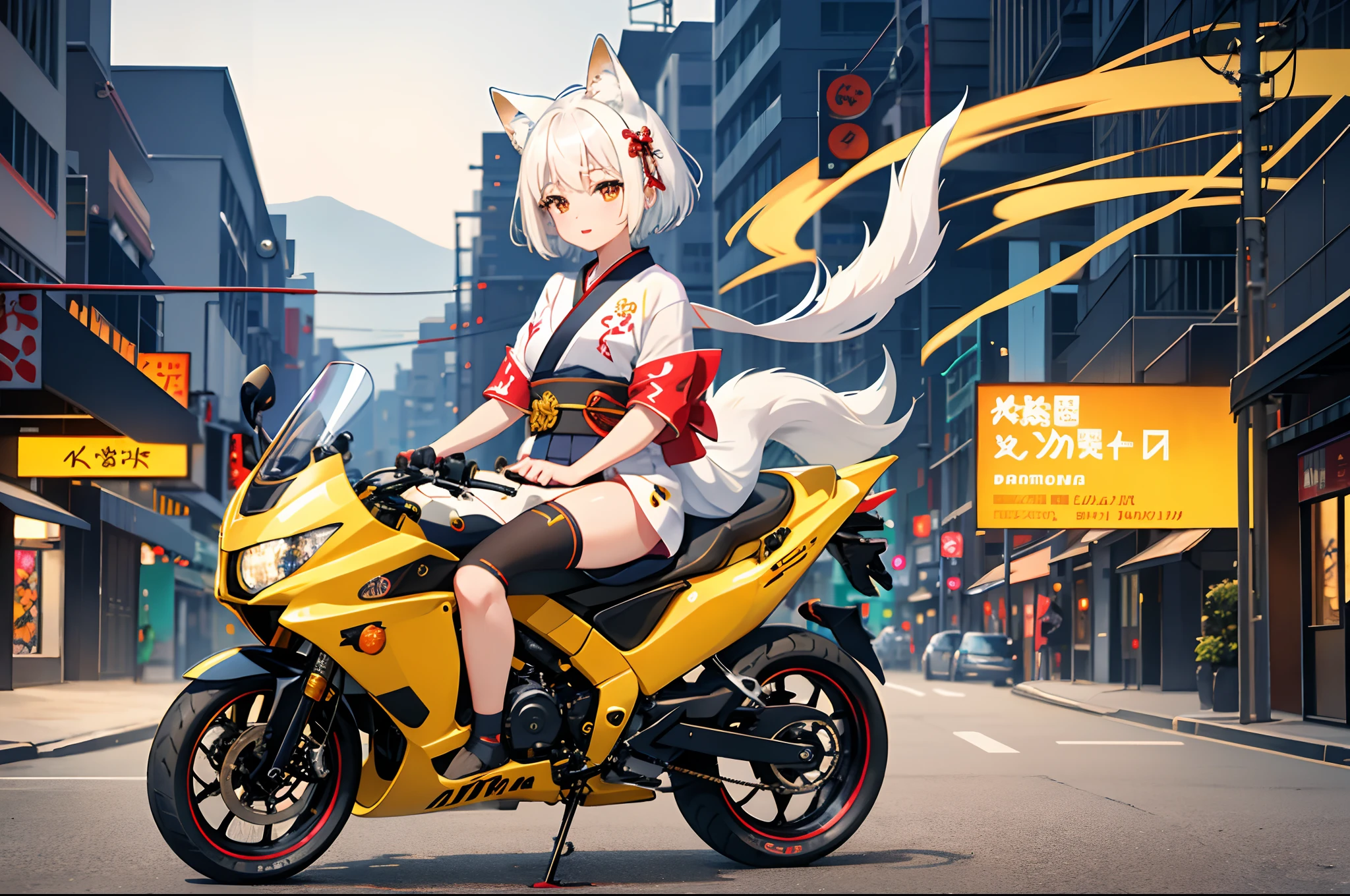 1girl in,, komono, Priestess Uniform, short-haired, Okabo's, Shortcuts, White hair, Red eyes, White fox girl, Fox ears, White fox ears, Fox tail, White fox tail, Wallpaper, landscape, depth of fields, Daytime, side lights, Fate \(Series\), GenshinImpact, cloud, In kimono, 1 bike, Riding a motorcycle, Straddling a motorcycle, Yellow Bike, Yellow Bike, Yellow, Honda, Honda, Monkey 125, monkey125, 1 headlight, Naked Bike, rider, Mini, touring, Car