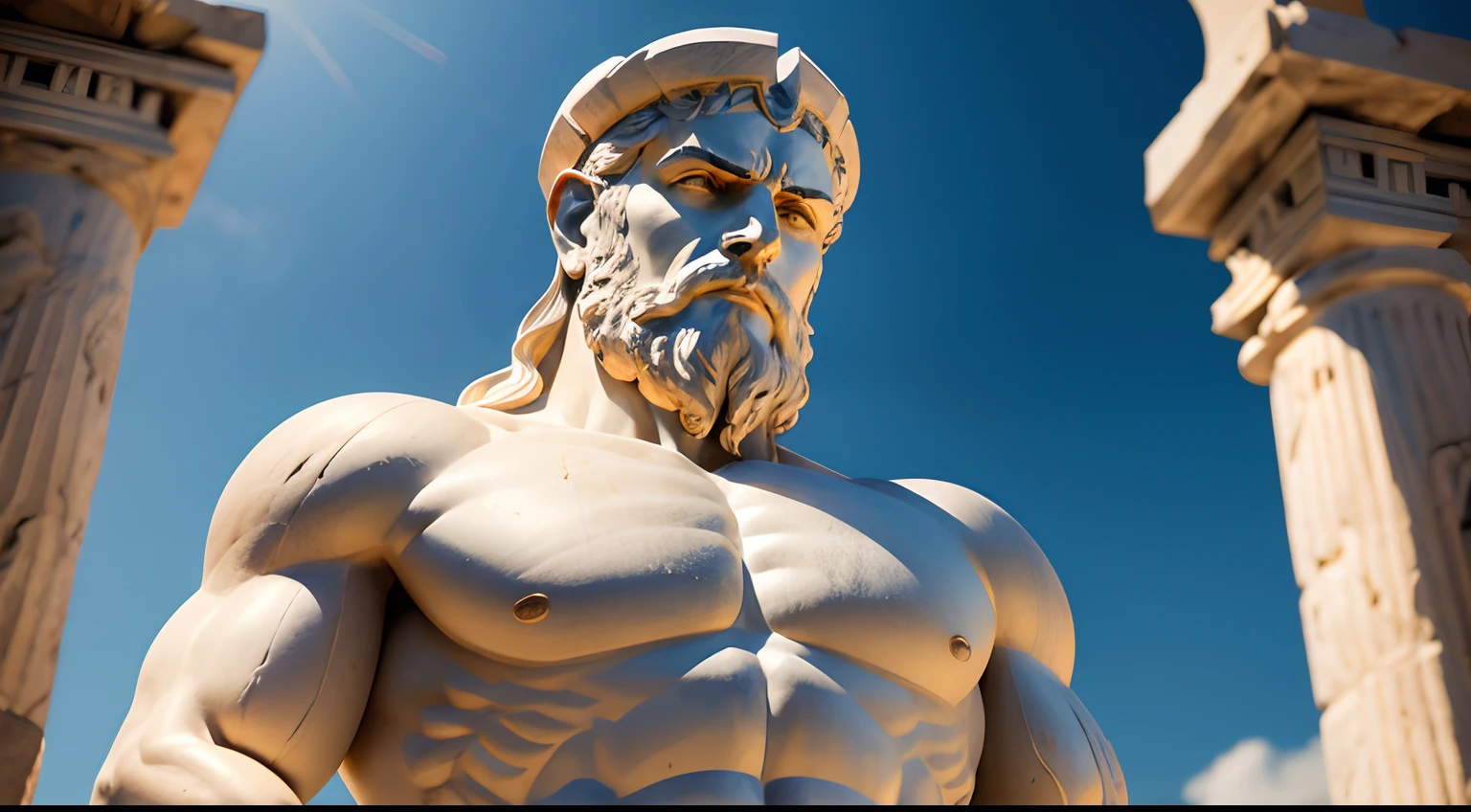 Ancient Greek statue with angry expression, tem barba, Filmado em Sony A7S III com Sony FE 35mm f/1.8, 12.1 MP, --AR 3:2 --estilo cru