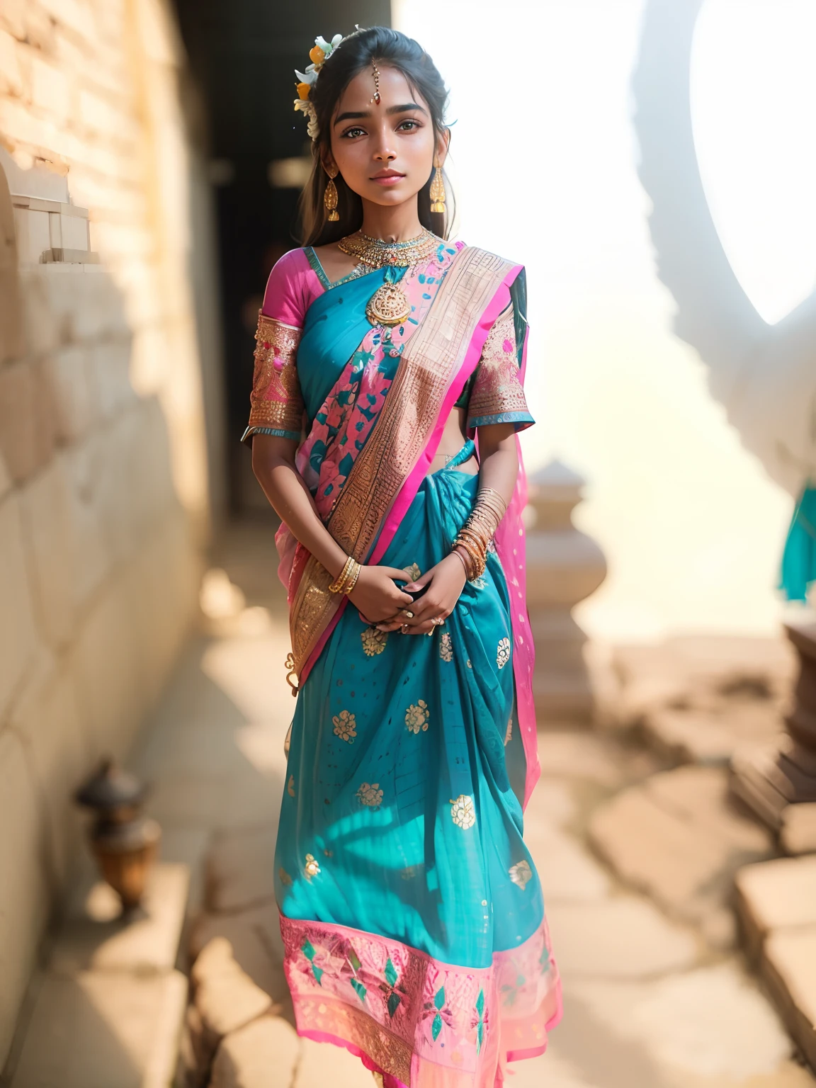 Young Indian girl, delicate and beautiful girl, gentle smile, Dynamic posture, dinamic angle, Women's jewelry, Ornaments, Tatoo, sari, Indian Garden, Sunny day, water, Flowers, hyper realisitc, hyper-detailing, 8K