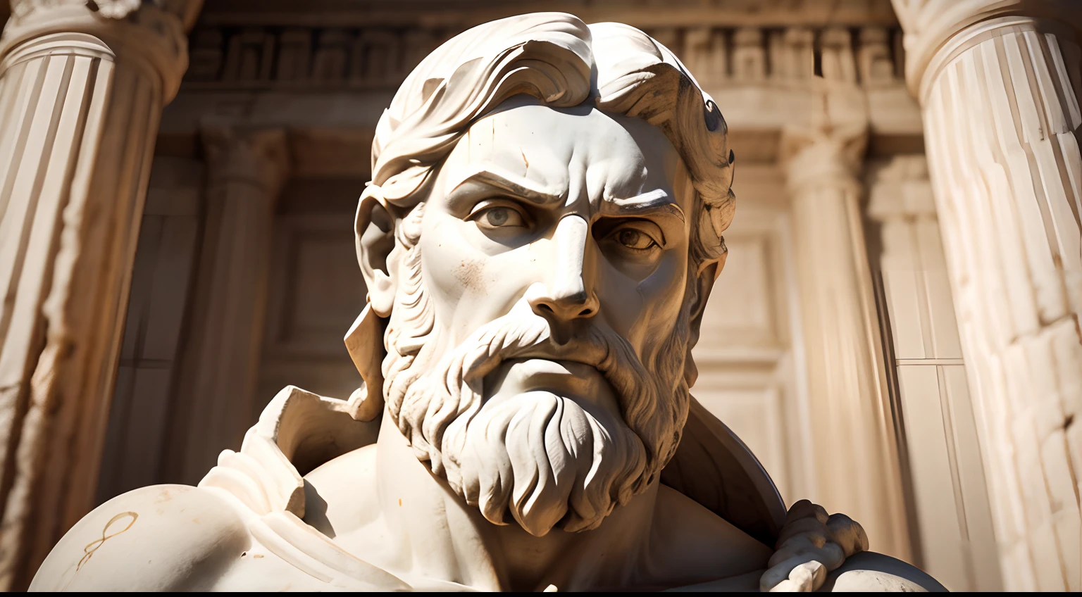 Ancient Greek statue with angry expression, tem barba, Filmado em Sony A7S III com Sony FE 35mm f/1.8, 12.1 MP, --AR 3:2 --estilo cru