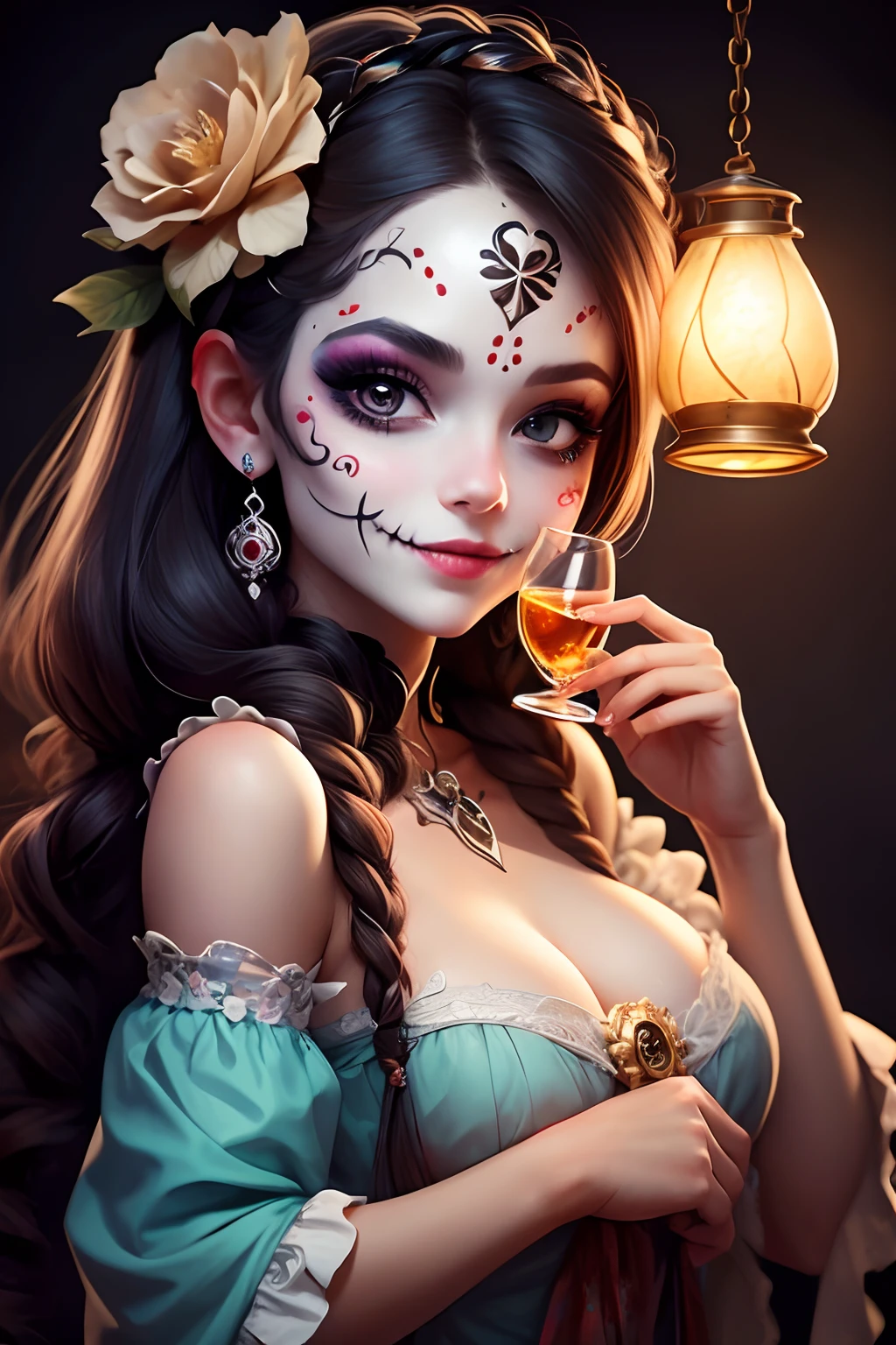 masterpiece, best quality, a girl smiling with sugar skull makeup, holding a glass lantern