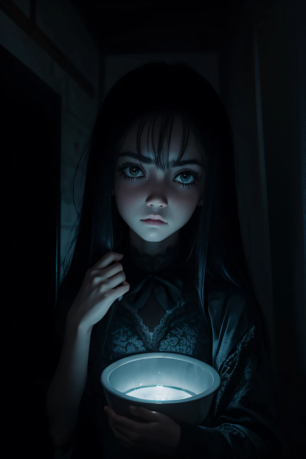 fondo de terror, con una criatura oscura que aparece en el fondo de un pasillo dentro de una casa, sus ojos brillan y hay neblina. iluminacion de una linterna en primera persona. tiene vestido largo holgado, solo se ve su silueta cabello largo, esta en una posicion desarticulada