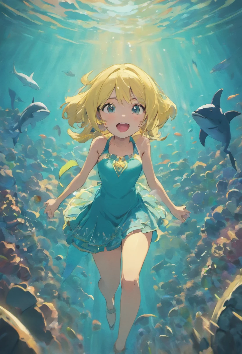 There is a girl swimming in the water, happy smile, sunny face, innocent girl, big, lots of blisters, bubbles, a lot of fish, cute digital painting, beautiful digital artwork, realistic effect, high texture