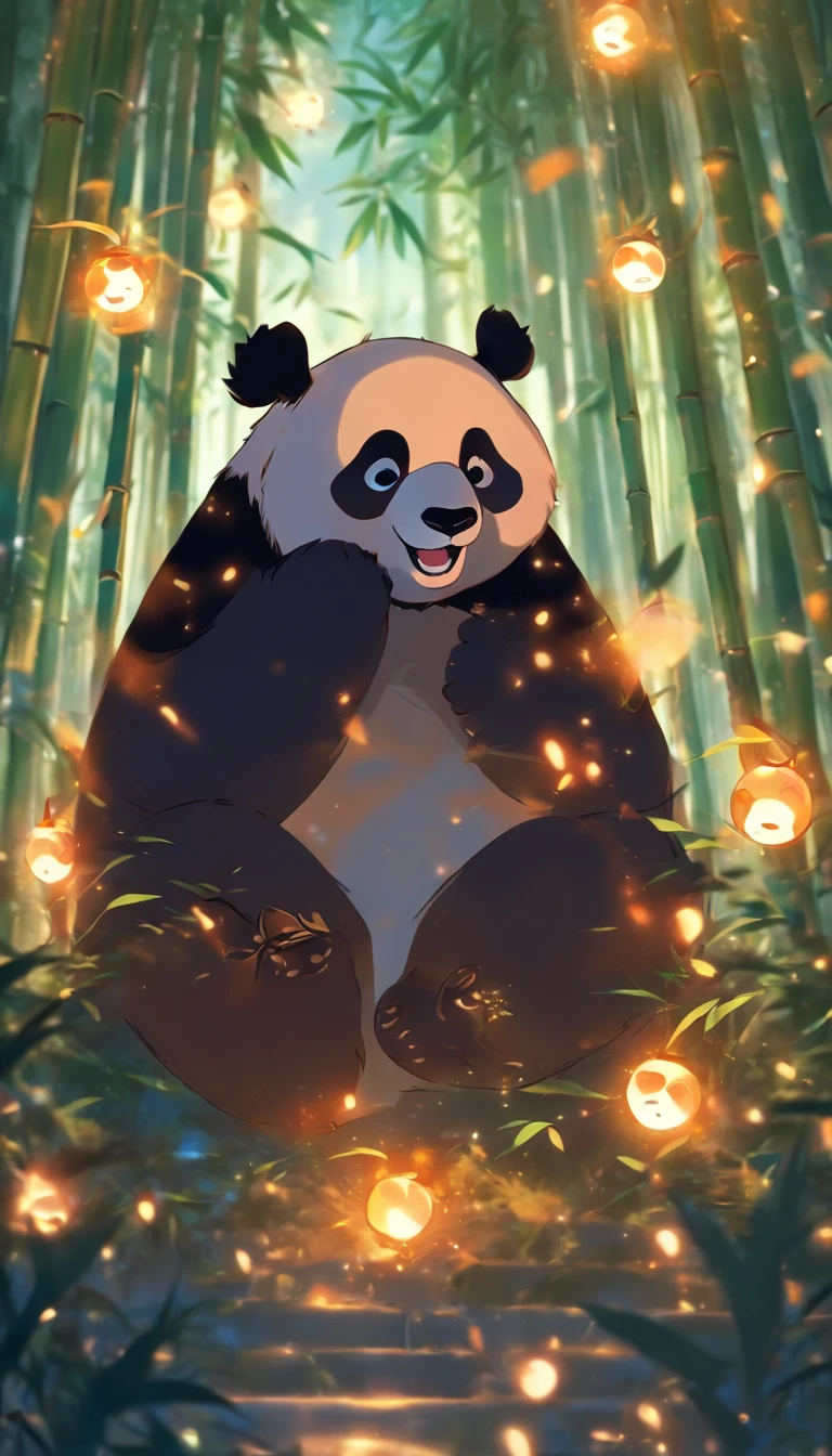 "(best quality,highres,masterpiece:1.2),peaceful day,serene bamboo forest,bamboo leaves gently falling in the wind,beautiful adorable giant panda,plump,moon shining brightly in the sky,fireflies dancing, girl"