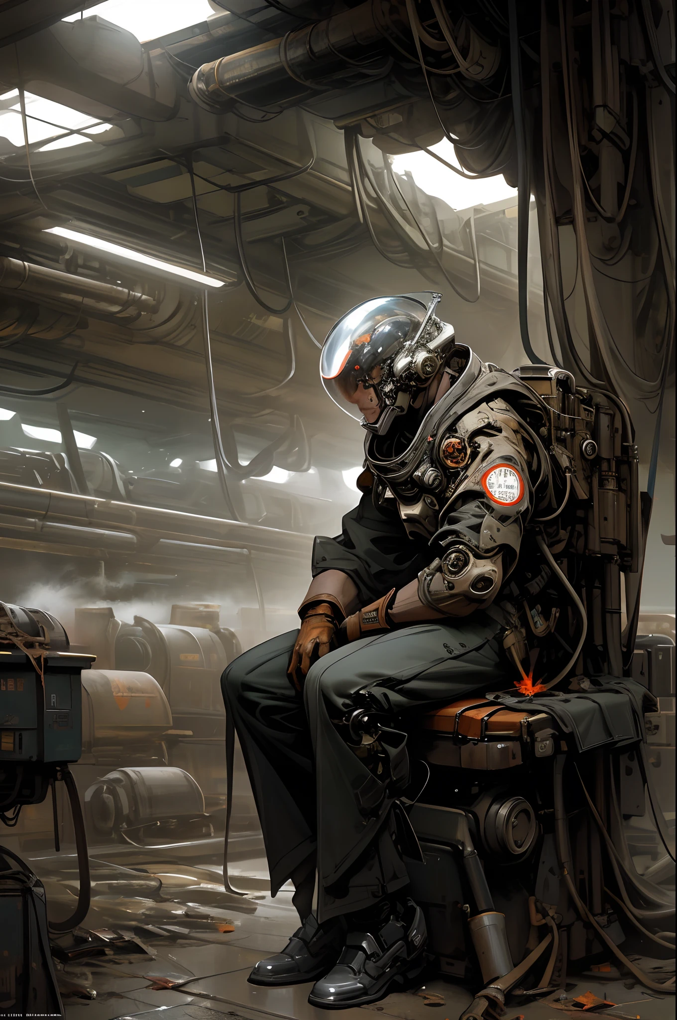 Top image quality、masterpiece、sci-fi fantasy、comics、Norman Rockwell's style、(One boy in a spacesuit)、helmets、((I can't see my face at all))、sit on a machine、Machine junk scattered under your feet、Full body like、Black Gloves、Lots of tubes、Rust Machine、Thick smoke fills the floor、Huge mechanical demolition yard、thirds rule、dynamic ungle