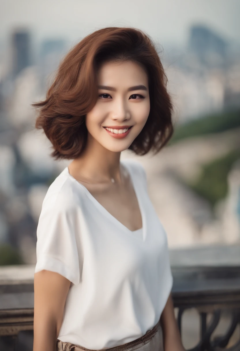 Photo of Japan woman with city background。She is 161cm tall、Have healthy proportions、I have a grown bob hairstyle。Her white t-shirt has、It has an urban and stylish design。Her bright smile reflects happiness、Softbox lighting emphasizes her smooth skin。The color is based on restrained earth tone, but、It has a luxurious impression with jewel-colored accents。

Photo inspired by the cover of Vogue magazine。Japan woman standing in front of city background。She wears a white T-shirt and、Its design is urban and stylish。Bob hairstyle and bright smile are characteristic。Softbox lighting emphasizes her even skin quality。

Luxurious portrait of Japan woman posing in front of cityscape。Her white t-shirt is、It has an urban and stylish design。Her hairstyle is a grown bob、Accentuates her features with restrained earth tones and jewel-colored accents。

Photos inspired by fashion photographer Mario Testino。Japan woman with urban landscape in background。Her white t-shirt has an urban and stylish design.、Her bright smile and bob hairstyle are distinctive。