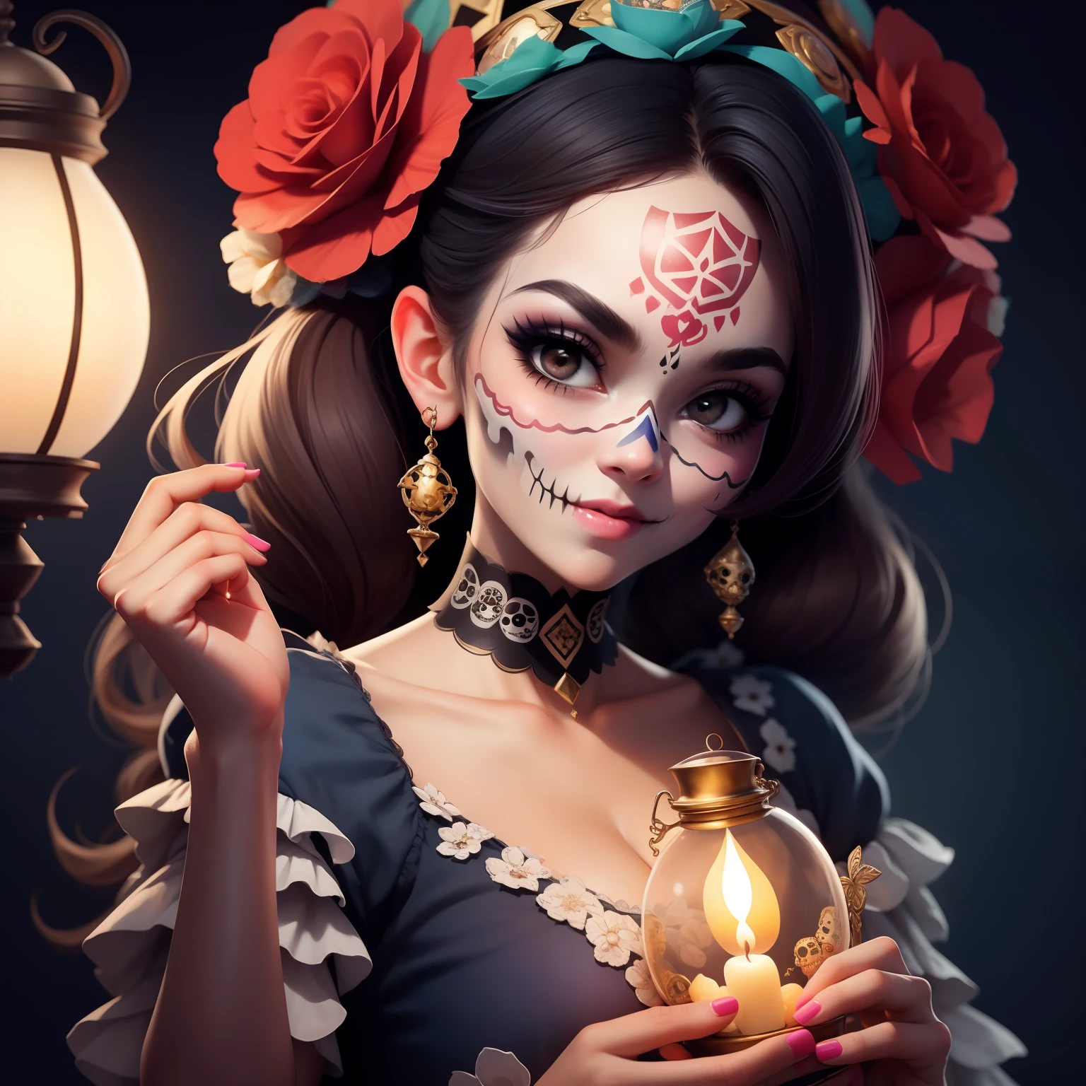 beautiful alluring jenna ortega, tan skin, skeleton bodypaint, day of the dead bodypaint, mexican sugar skull makeup, mexican themed ornaments, night time, day of the dead theme, Ominous Gothic Theme, inside a beautiful flower garden, mexican ornate vest and pants, exposed breasts, Fiverr Dnd Character, Octane Render, Digital Art, Extreme Detail, 4k, Ultra Hd, Polished, Beautiful, Hyperdetailed, Intricate, Elaborate, Meticulous, Photorealistic, Sharp Focus, Wlop, Character Design, Unreal Engine, 3d Rendered, Volumetric Lighting, Reflections, Glossy, Digital Illustration,  Pose, Suggestive Pose, Lewd, Full Body Shot, anatomically correct, visible nipples, puffy vagina, small perky breasts 💖❤💕💋❣