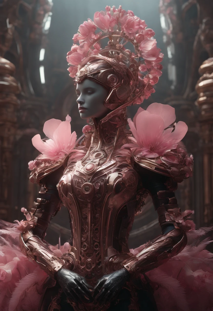 biomechanical of pink swan with mechanical feathers and metal armor, robotic steampunk mechanical body, acrylic bubbles and flowers atmosphere, ferrofluids, water distortions. looking up, highly detailed object, intricate abstract. intricate artwork detailed. beeple. blend of organic and mechanical elements, futuristic, cybernetic, detailed, intricate, dark theme, (in awe:1.2), confident, (surprised:0.7), rich color, realistic rendring object, unreal engine 5